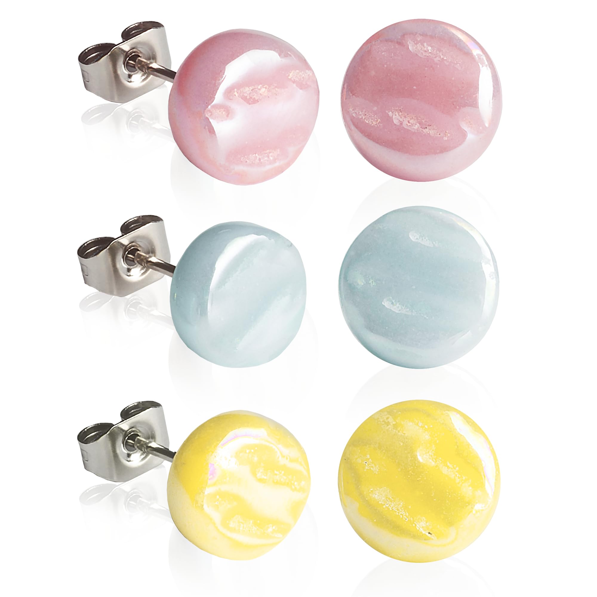 3er Ohrringe Set bunt • Runde Ohrstecker mit Stein • Nachhaltiger Modeschmuck • Hochwertiger Edelstahl & recyceltes Glas • Ø 8mm