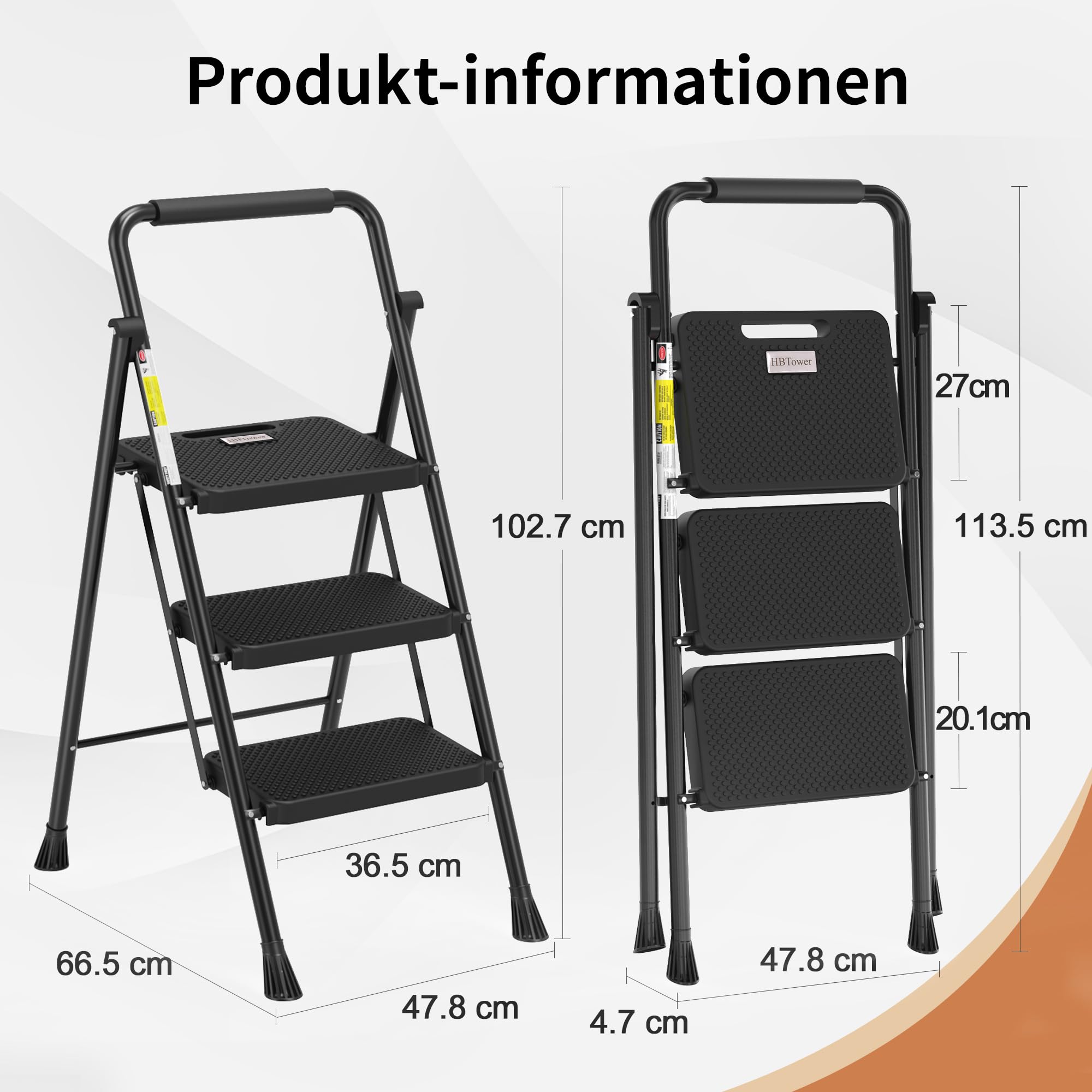 HBTower Trittleiter 3 Stufen klappbar, Leiter mit Breitem Anti-Rutsch-Pedal, Trittleiter mit Bequemer Handlauf, Tragbarer Tritthocker aus Stahl, Schwarz