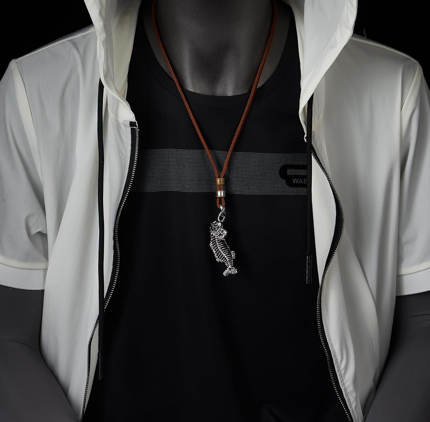 COOLSTEELANDBEYOND Fish Skeleton Pendant, Mens Leather Cord Necklace, Vintage Rustic Jewelry, Unique Boho Outdoor Style - Image 2