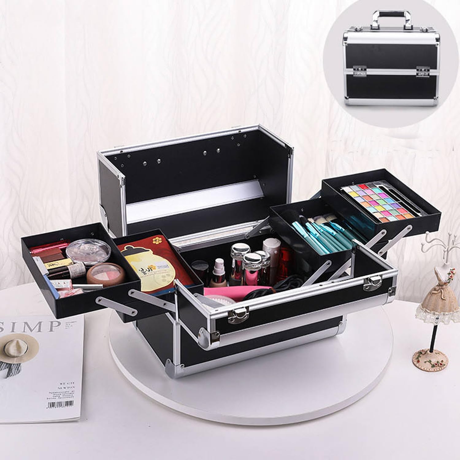 SIBY Aluminum Alloy Makeup Box/Organizer Case with 5 Compartments - Waterproof, Durable, and Portable Cosmetic Box- Black
