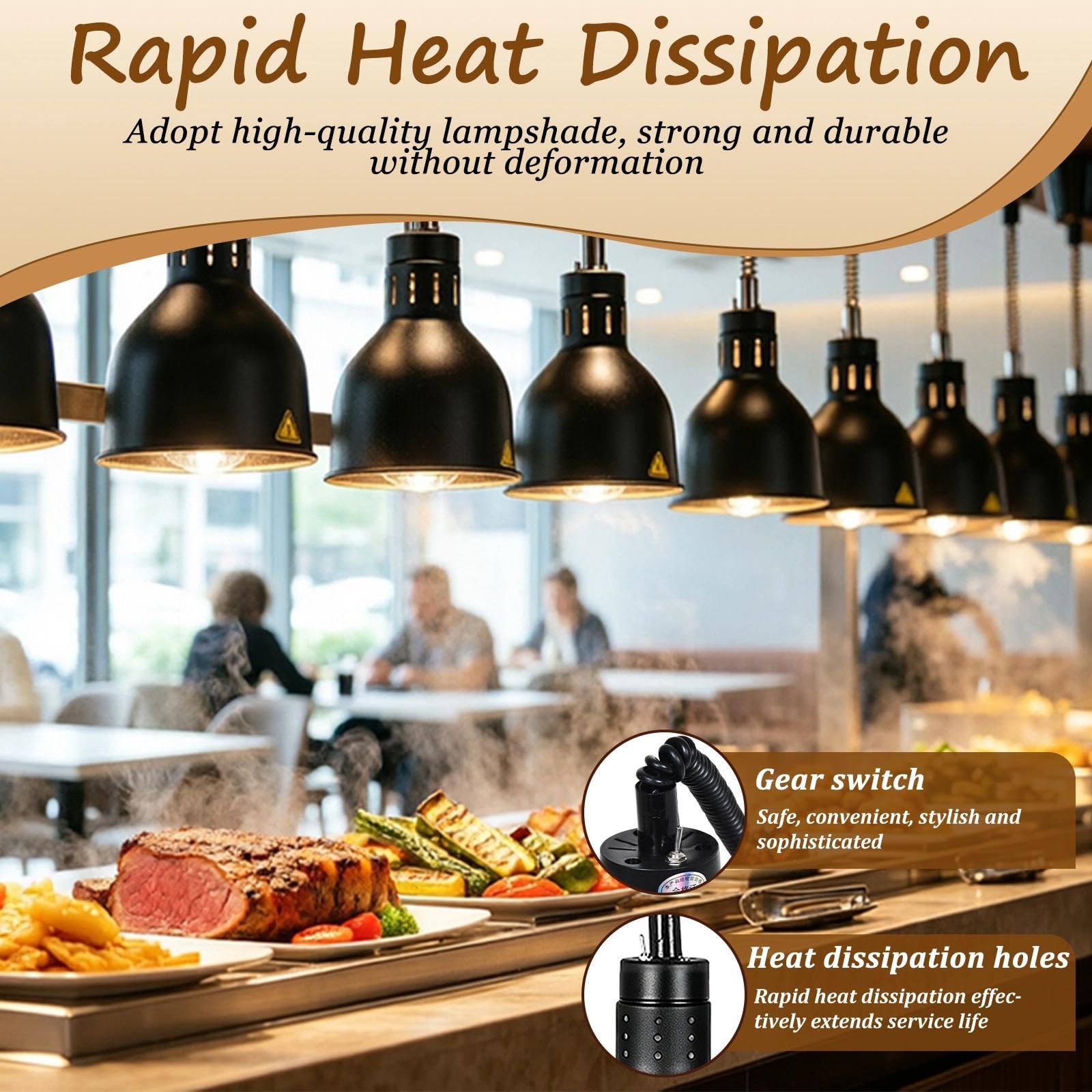 Sospese Lampade Riscaldanti per Cucina, 250W 220V (D-19cm,5 pezzi) | Lampada Scalda Vivande Buffet, Lampada Infrarossi Riscaldante per Alimenti, Acciaio Inossidabile, Altezza Regolabile 60-180cm