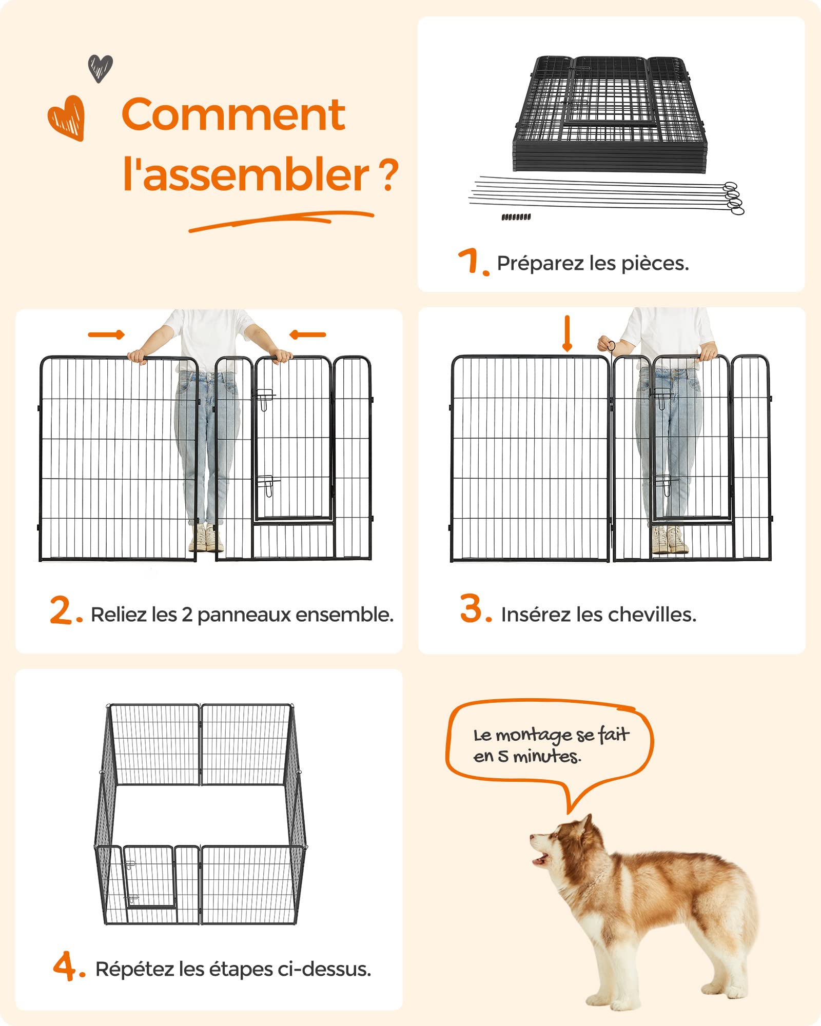 Feandrea Parc pour Chien, Enclos pour Chiot, Clôture, Chenil, Cage, 8 Panneaux, Double Verrou en L, Chaque Panneau 77 x 100 cm, Intérieur, Extérieur, Jardin, Chien, Lapin, Poule, Noir PPK81H