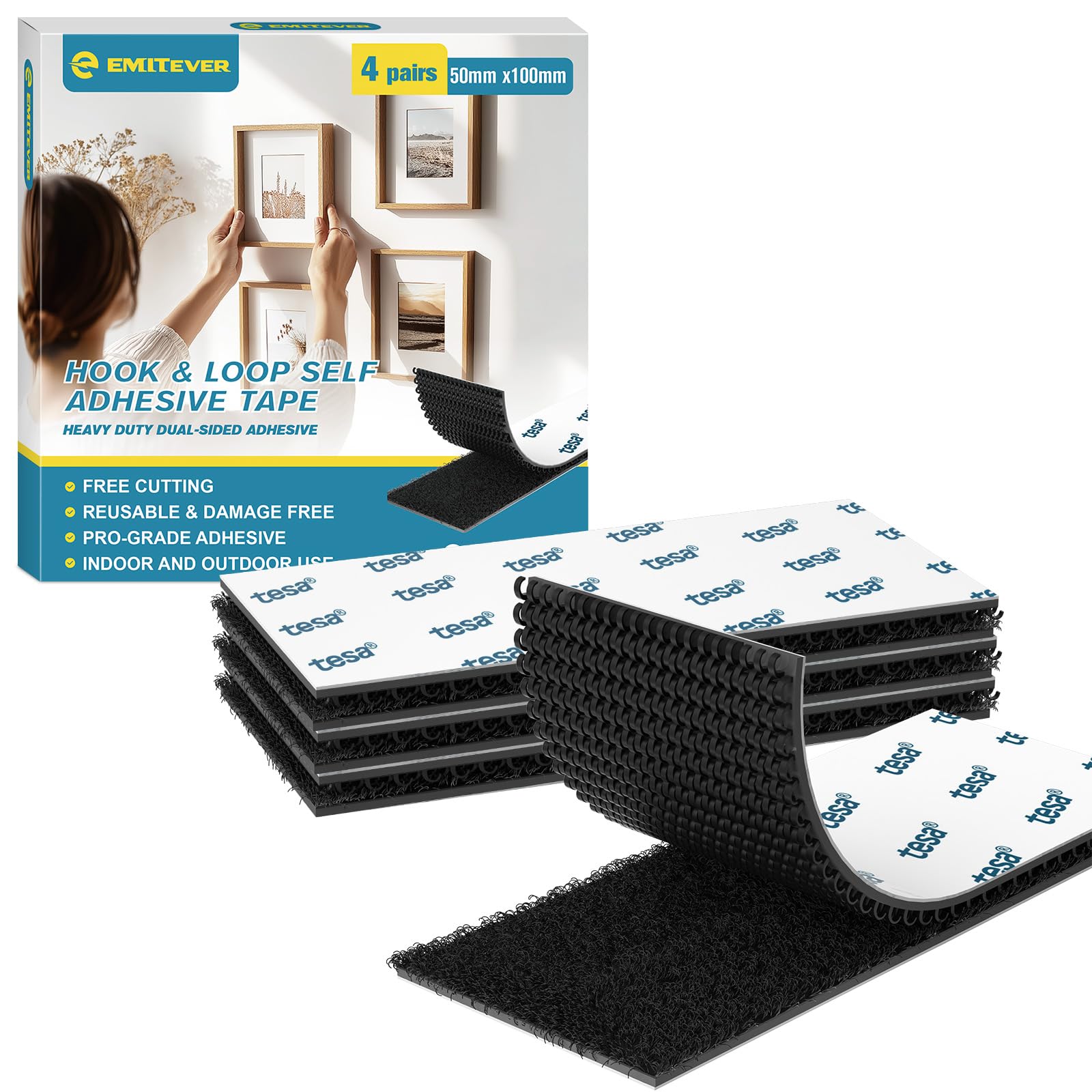 EMITEVER Klettband Selbstklebend Extra Stark- Klettverschluss Selbstklebend Heavy Duty-Doppelseitiges Vielseitig einsetzbar Tape für Innen & Außen DIY, Organisation