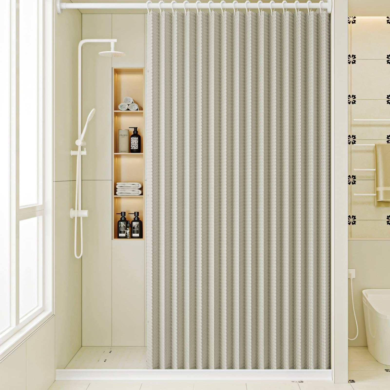 Rideau de Douche Pliable Aimantée Imperméable, Rideau de Douche en Gaufre Anti Moisissure avec Crochets Rideau de Douche Anti-éclaboussures, Beige, 100x180cm