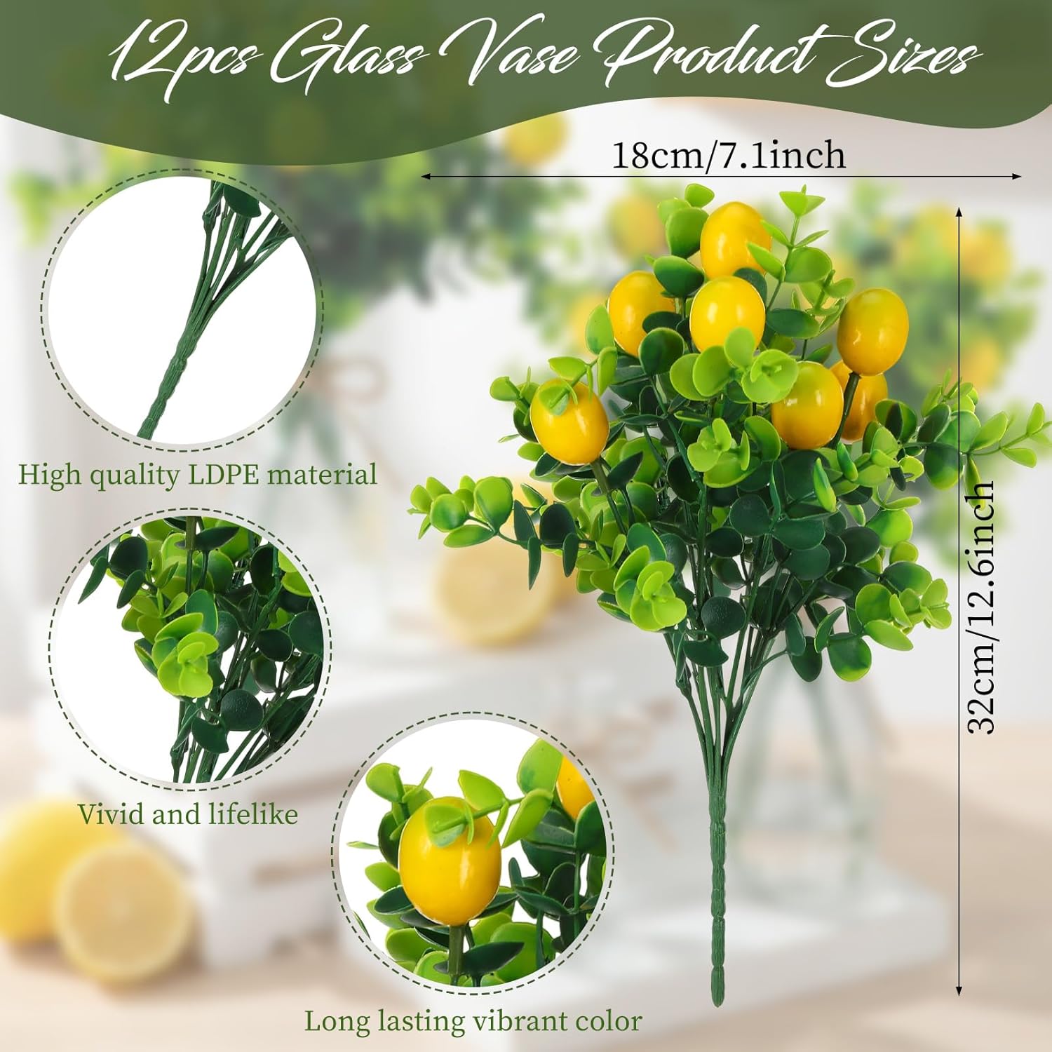 Havawish 24 Pcs Artificial Lemon Branches with Glass Bud Vase Set 12 Yellow Faux Lemons 12 Mini Clear Embossed Bud Vase for Kitchen Table Bookshelf Home Decoration Wedding Birthday Farmhouse Decor