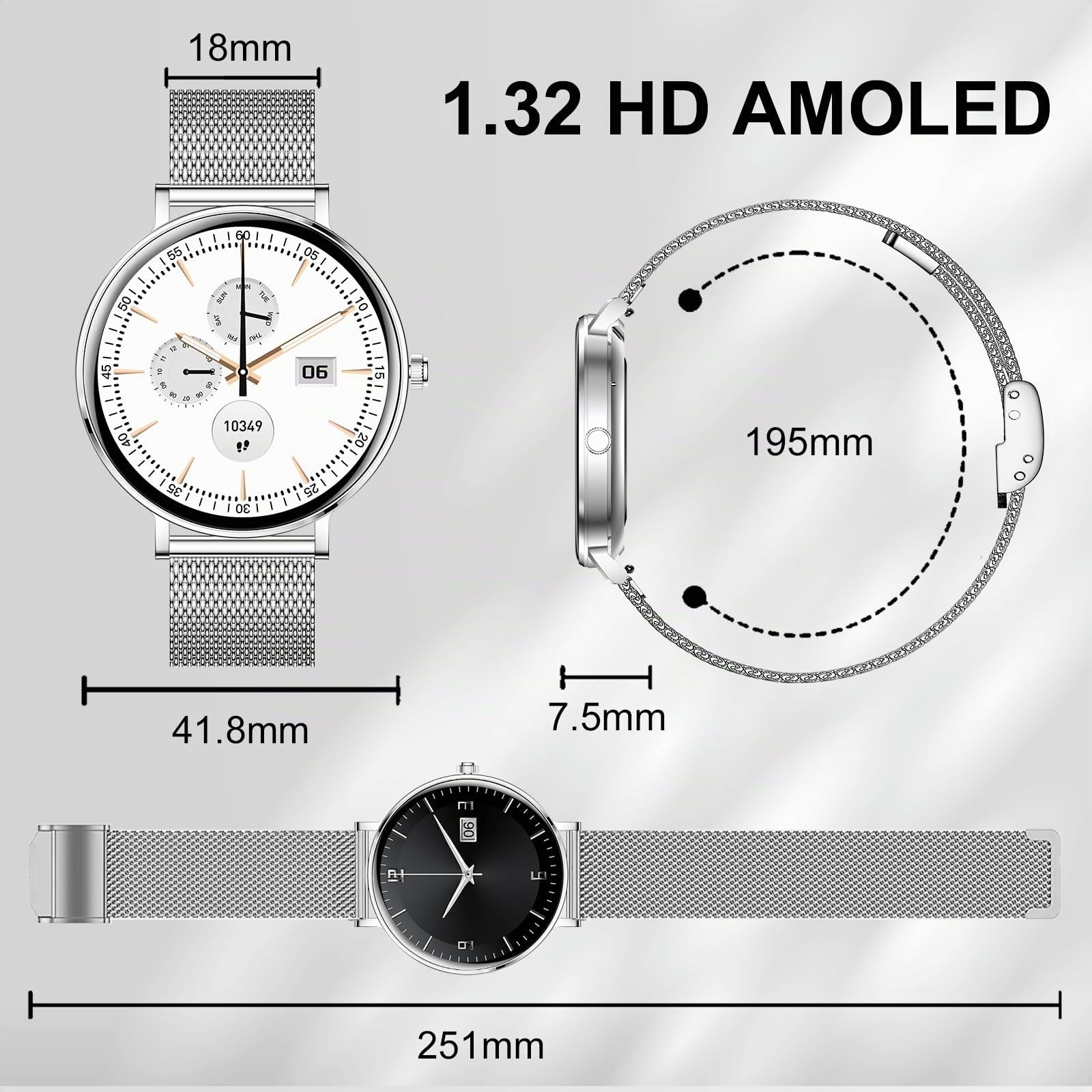 Smartwatch Reloj Inteligente Mujer Hombres 2026 BateríA Larga AutonomíA Redonda 1,32 AMOLED Ultraslim Elegante Impermeable Notificaciones Apps Deporte Llamadas Bluetooth Android Ios (plateado)
