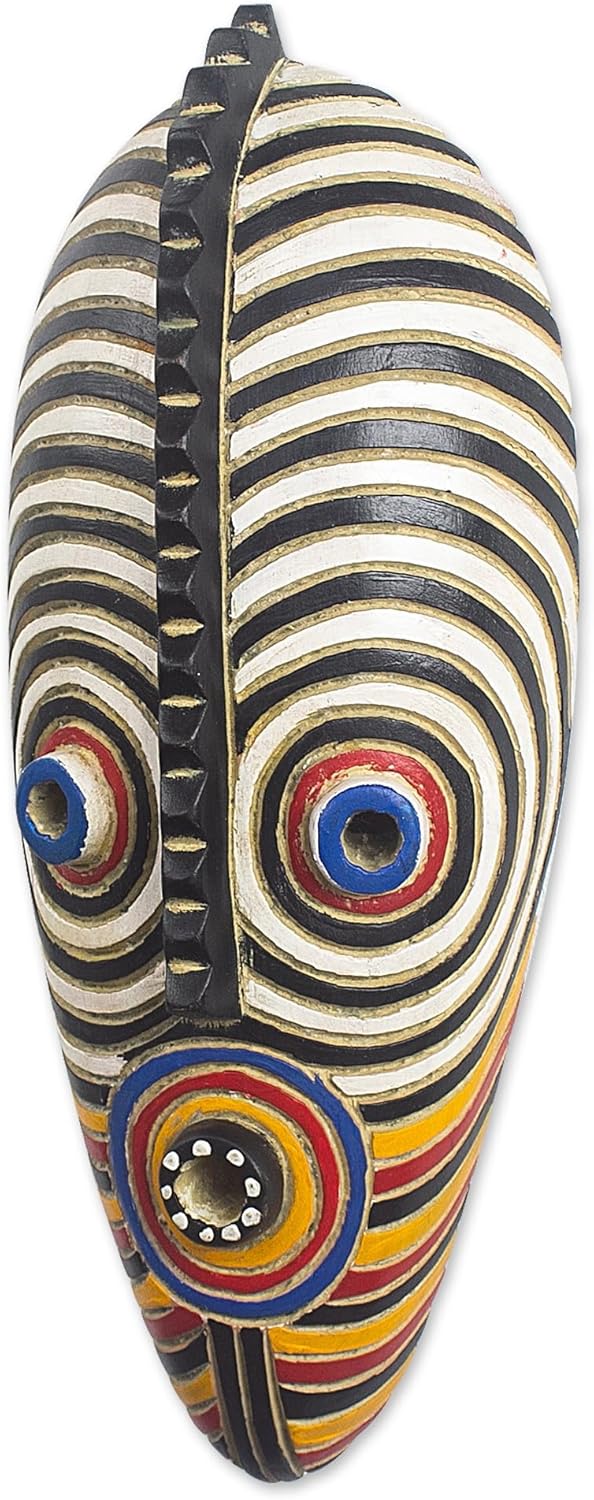 NOVICA Artisan Handmade African Wood Mask Painted Oblong Sese from Ghana Multicolor Masks [19in L x 7in W x 4.3in D] ' Dinpa'