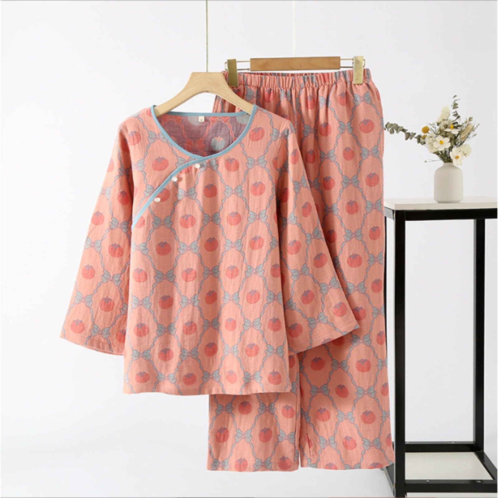Pigiama da donna in stile cinese pigiama vintage per donna pigiama fantasia in cotone camicia button down con pantaloni Loungewear Due pezzi fibbia a disco indumenti da notte stampati abbigliamento da