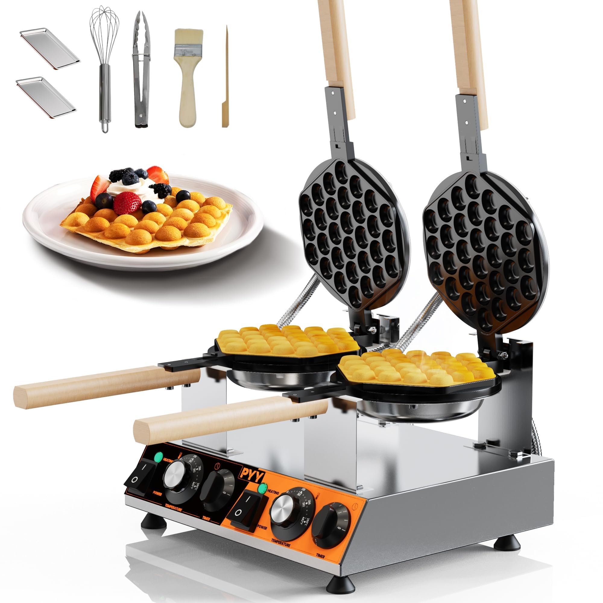 PYY Bubble Waffle Maker - Commercial Hong Kong Egg Waffle Maker, Double Head, 180° Rotate, Non-Stick Plate, 50-250℃ Adjustable Temp, 0-5Min Timer, Bubble Waffle Machine for Commercial Use, 3100W