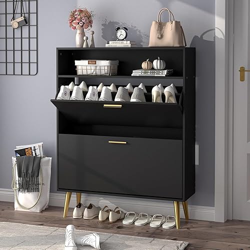 JOZZBY Armario de zapatos delgado para entrada, armario de zapatos negro con 2 cajones abatibles y almacenamiento superior, almacenamiento oculto de