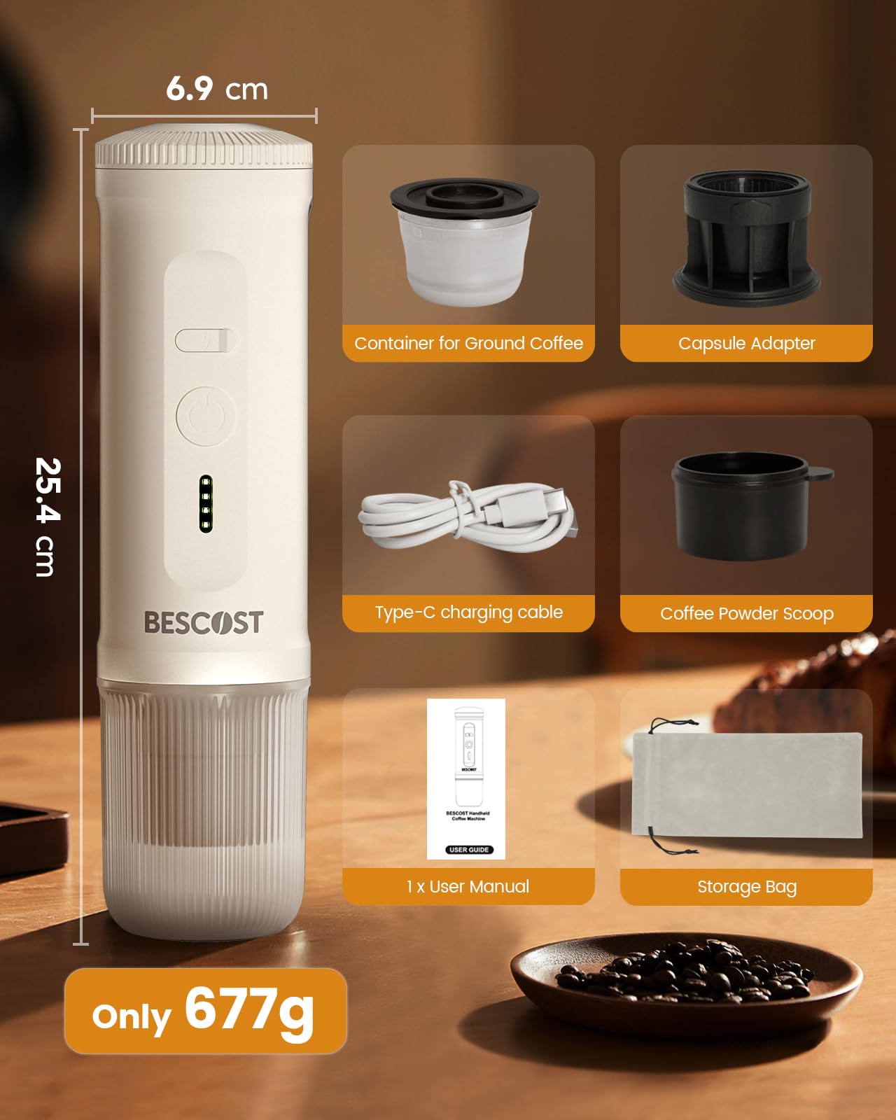Machine à Cafe Portable, Cafetière Portable 2 en 1 Compatible avec les Capsules Espresso et Poudre de Café, 9600 mAh 20 Bars, Rechargeable Pour Voyage, Camping, Voiture, Maison Blanc