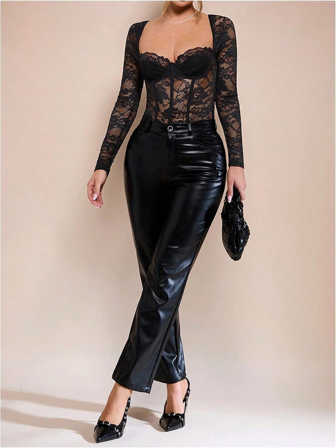 Women's Lace Long Sleeve Corset Bodysuit Sheer Boned Sweetheart Neckline Fall Going Out Leotard Tops