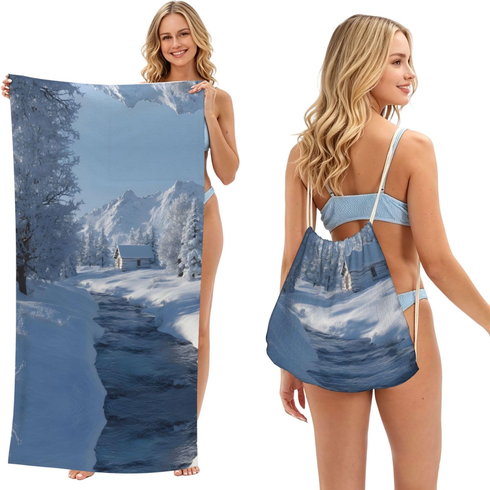 ESNAIUVCD Snow Scenery Print Beach Towel For Adults,Towel With Drawstring Bag, Travel Pool Swimming Sports Shower Sand Free Quick Dry Bath Towel For Pool, Beach, Yoga- 180x60cm