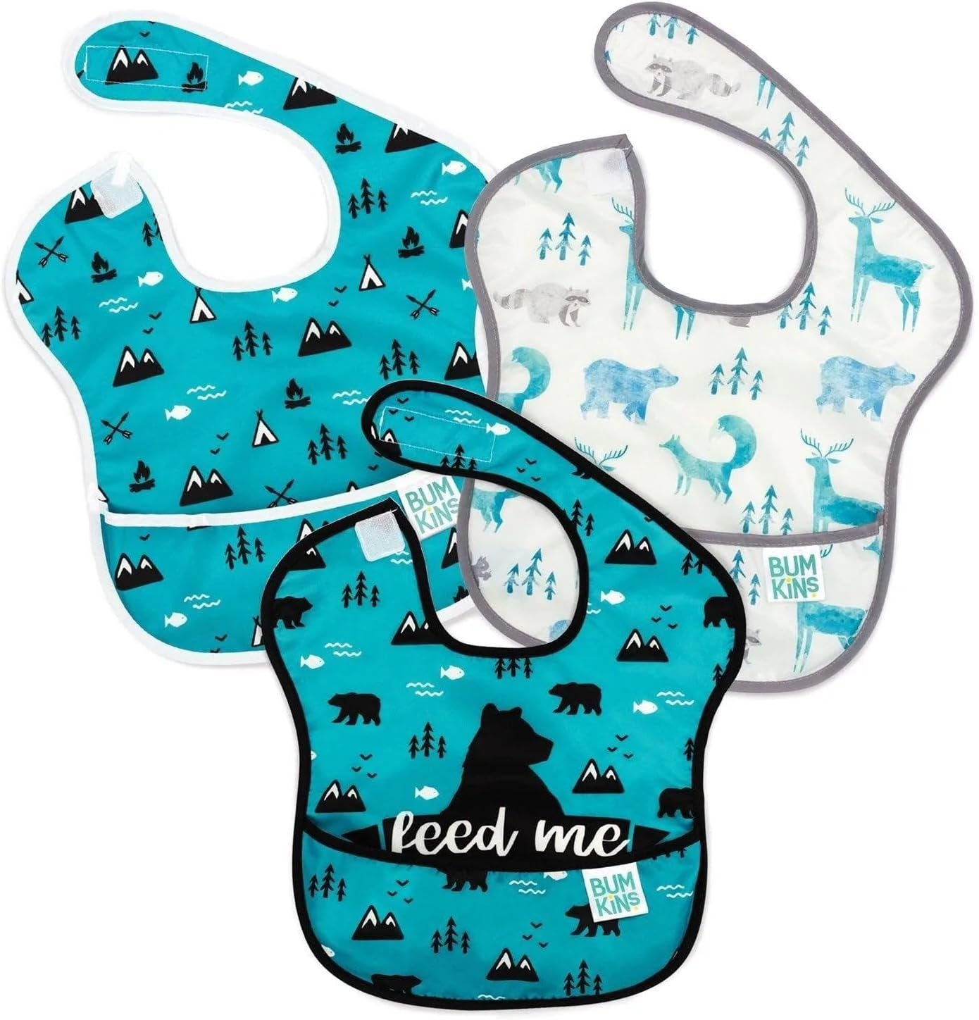 Bibs for Girl or Boy, SuperBib Baby and Toddler for 6-24 Months, Essential Must Have for Eating, Feeding, Baby Led Weaning Supplies, Mess Saving Catch Food, 3-pk Outdoors and Wildlife