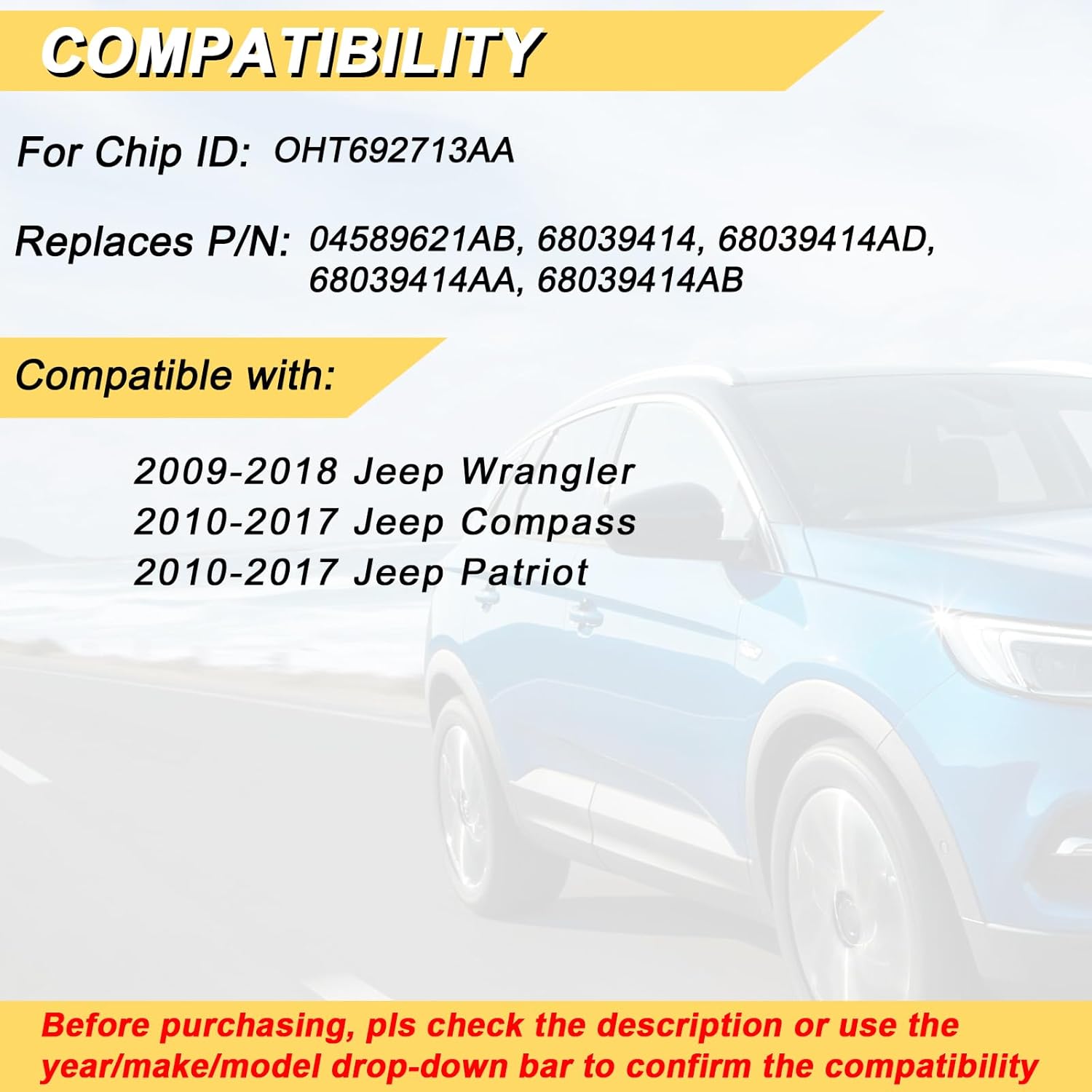 Key Fob Replacement for 2009-2018 Jeep Wrangler/ 10-17 Compass Patriot Car Keyless Entry Remote Control, OHT692713AA, 4 Buttons, 2Pcs