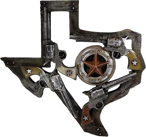 Ebros Gift Mapa rústico del estado de Texas con 4 pistolas revólveres de vaquero, insignia de estrella occidental, placa decorativa de madera