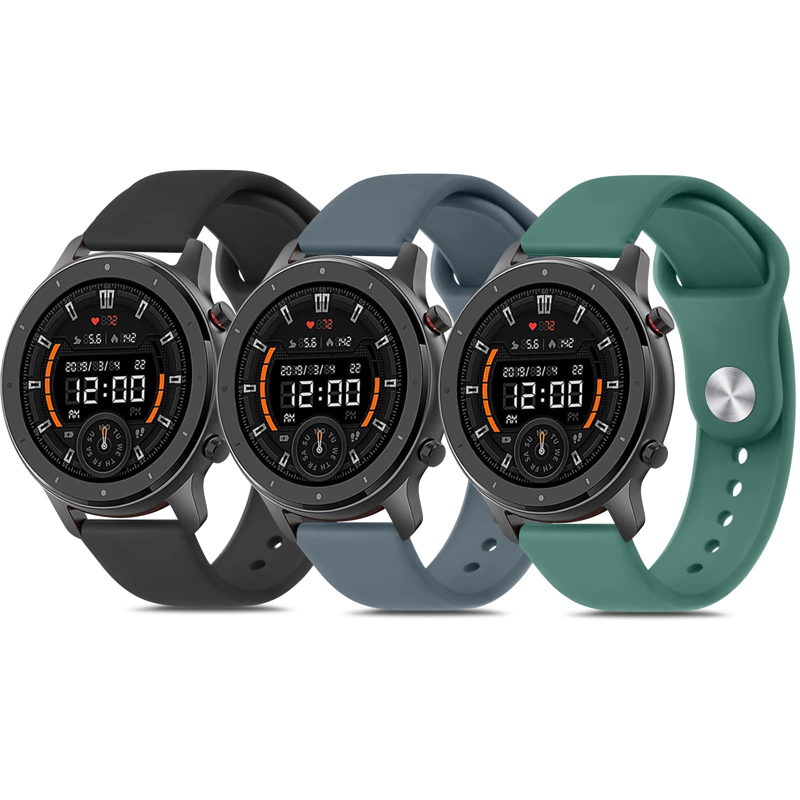 Vancle 3Pack Correas Para Amazfit GTR 47mm/GTR 2/GTR 2e/GTR 3/GTR 3 Pro/GTR 4,22mm Pulseras de Repuesto Clásica de Suave Silicona para Amazfit Stratos 3/Stratos 2