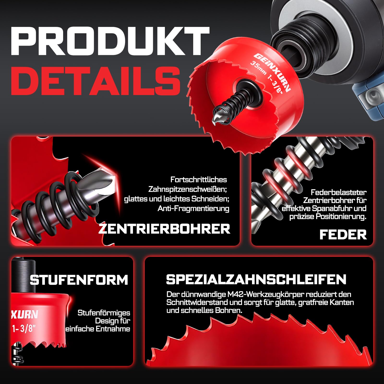 GEINXURN Piła otworowa, 22 mm, 29 mm, 35 mm, HSS bi-metal, do aluminium, drewna, żeliwa, mosiądzu, tynku, niebieskiego, żółtego, czerwonego, 3 szt
