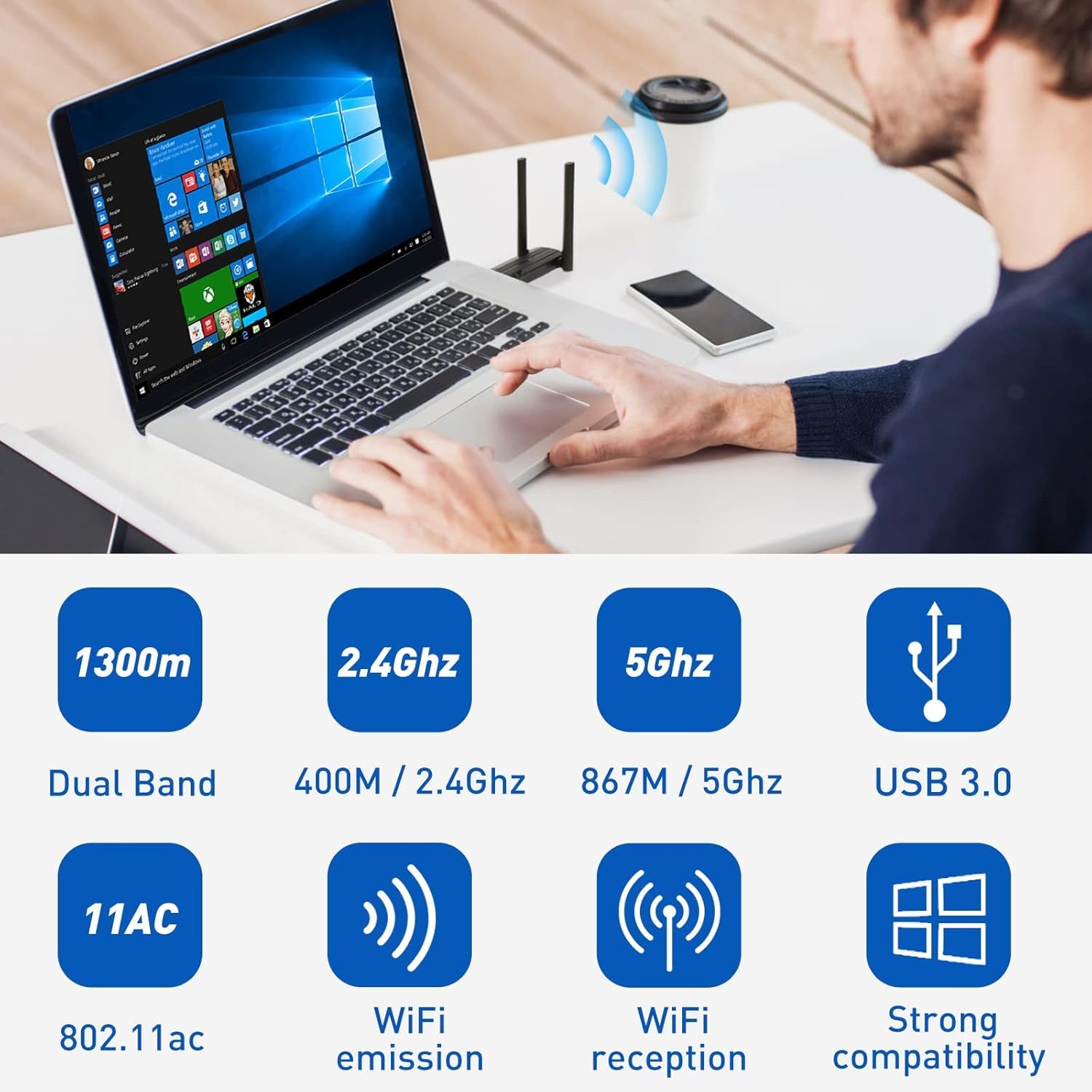 Clé WiFi AC1300 Mbps USB 3.0 Double Bande 2.4G/5.8GHz Adaptateur WiFi pour PC Windows Mac OS