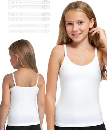 iMuchic Camisole Tank Tops for Girls, Stretch Undershirts Comfortable Camis with Clear Straps and Silicone Cover