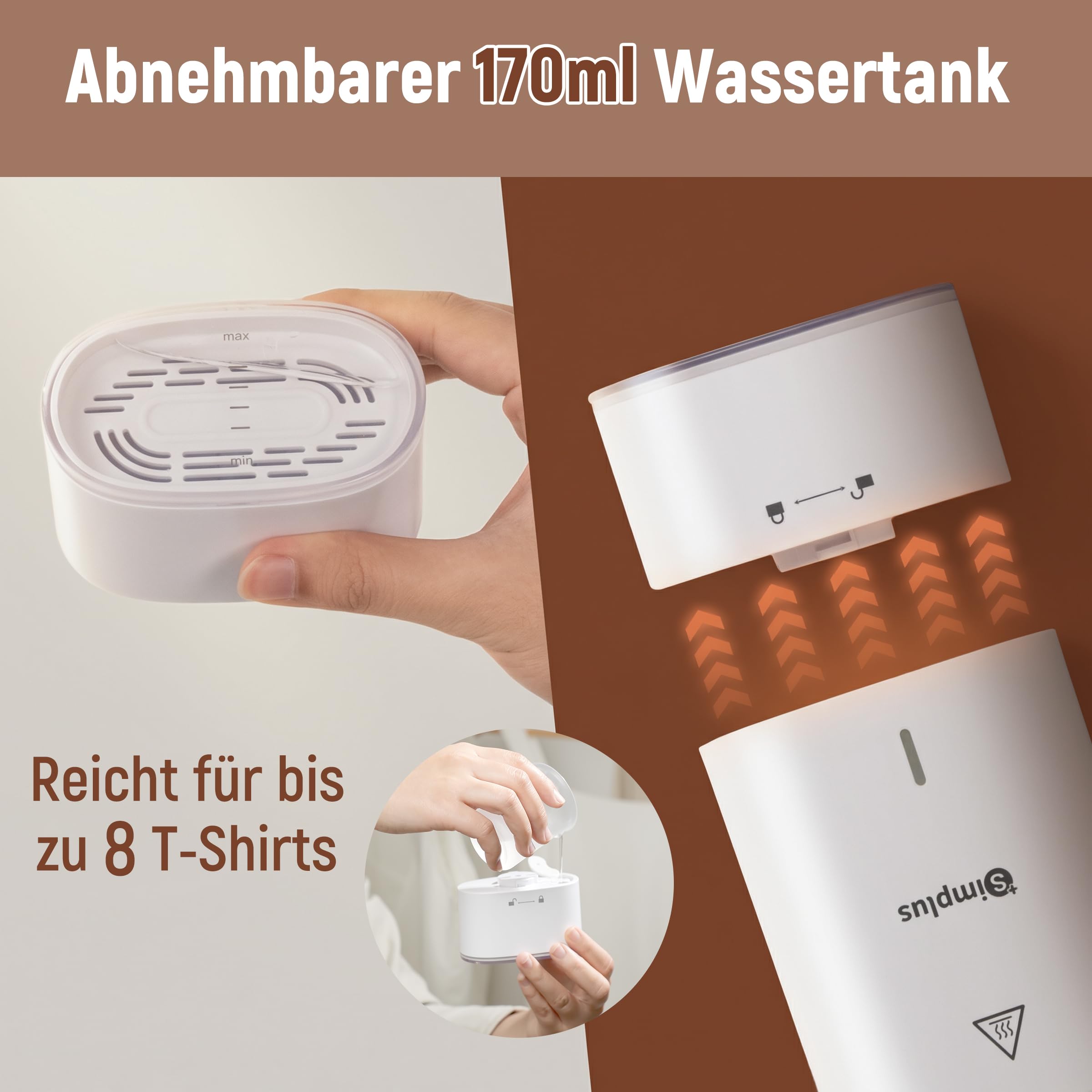 SIMPLUS Dampfglätter 1200W, Faltbarer Reise-Steamer, 170ml Abnehmbarer Wassertank, Konstante Dampfleistung ca. 20 g/min, Edelstahl Bügelsohle, Für Kleidung Zuhause & Unterwegs