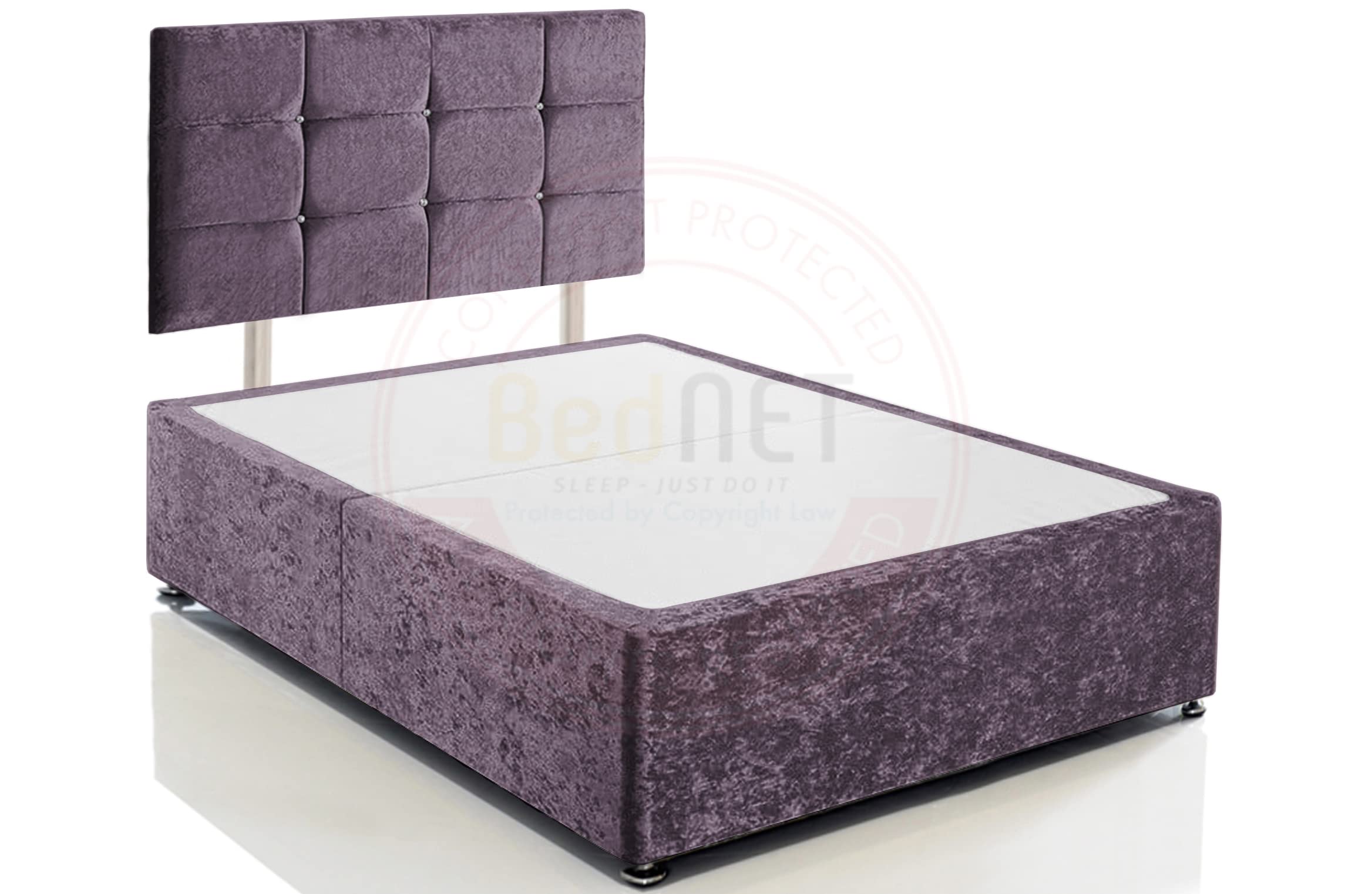 BEDNET Crushed Velvet Divan Bed Base Frame and Storage Drawers in Single Double King Size with Cube Headboards for Beds Bases (Purple Crushed, 3FT - Single with No Drawers)