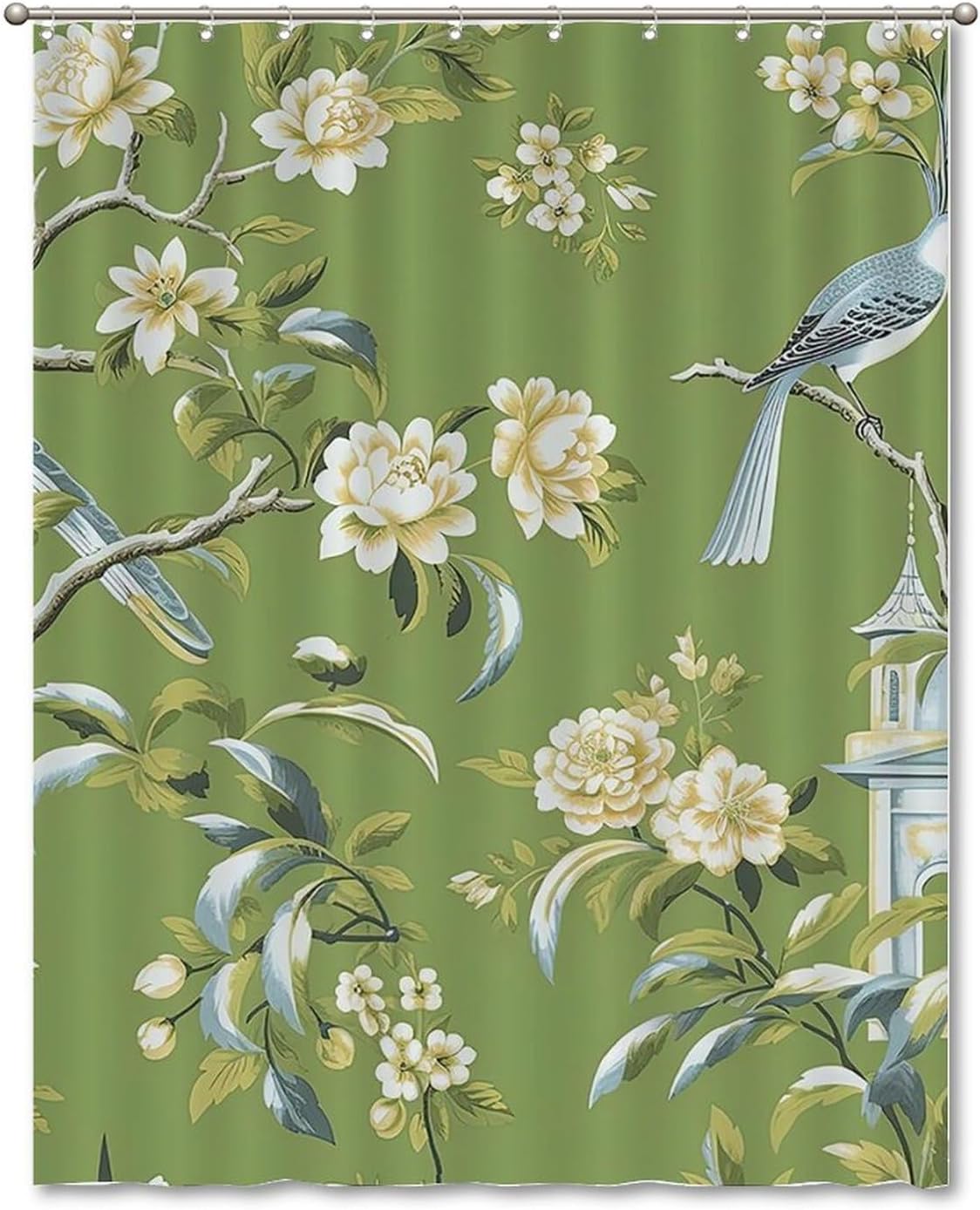 Green Shower Curtains for Bathroom Brid Pagoda Chinoiserie Asian Inspired Bathroom Shower Curtain Farmhouse Shower Curtain 72x90in Polyester Fabric Shower Curtain Set with Hooks