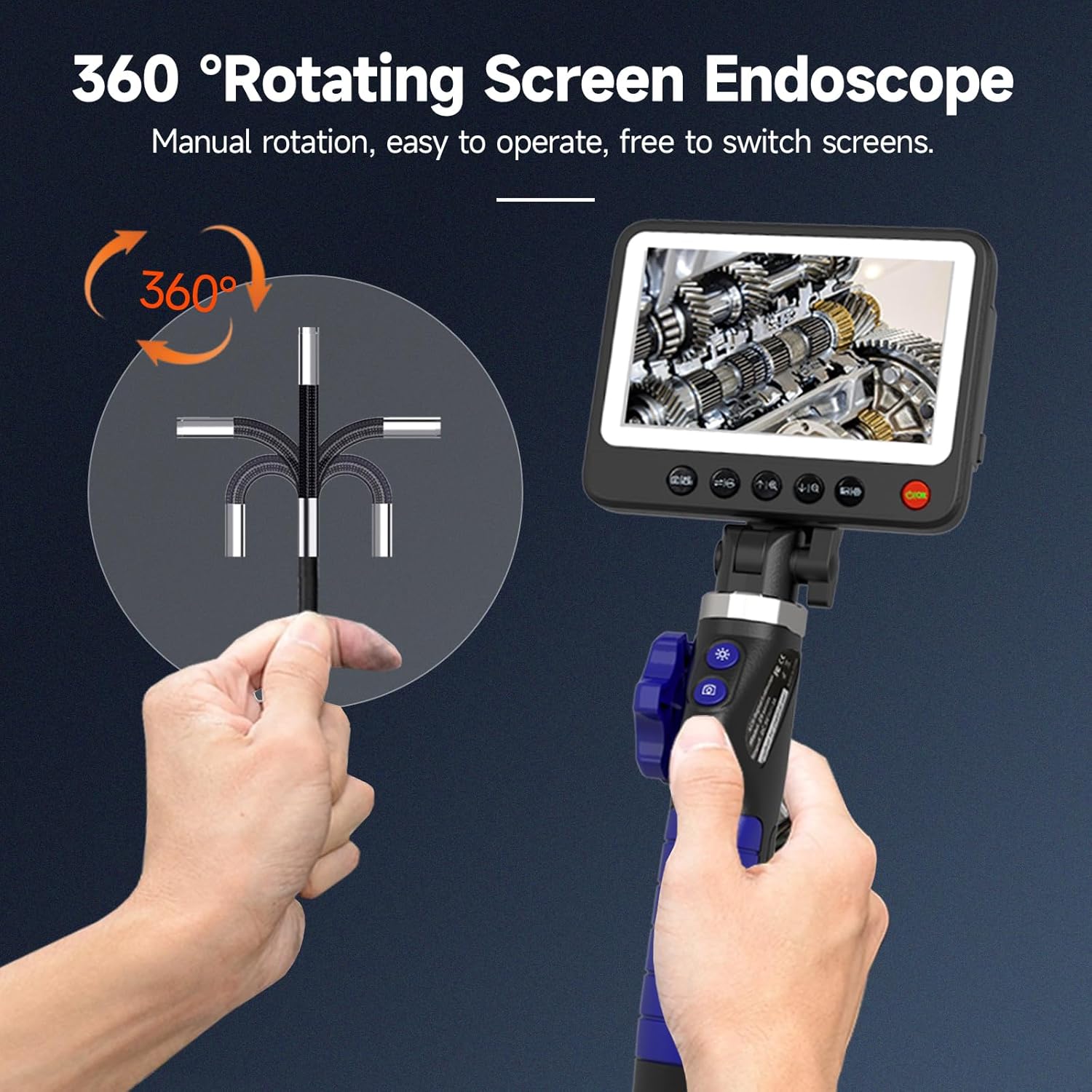 Two-Way Articulating Endoscope with Light, Industrial Endoscopic with 5" IPS Screen,6.4mm IP67 Waterproof Borescope,Snake Camera with 3.28FT Semi-Rigid Cable,32GB SD Card