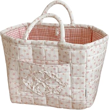 Quilted Fabric Basket Foldable Car Storage Boho Floral Laundry Basket Hamper for Nursery Bedroom & Living Room | Organize Clothes Toys Beige Floral