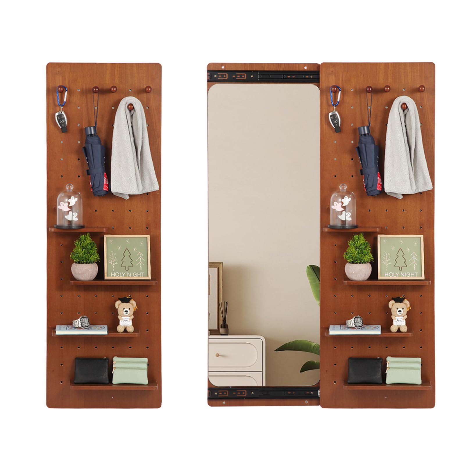 Milan Pacific Wall-Mounted Full-Length Mirror with Shelves, Rubber Wood Frame, 47.64 x 15.75 inches, Walnut