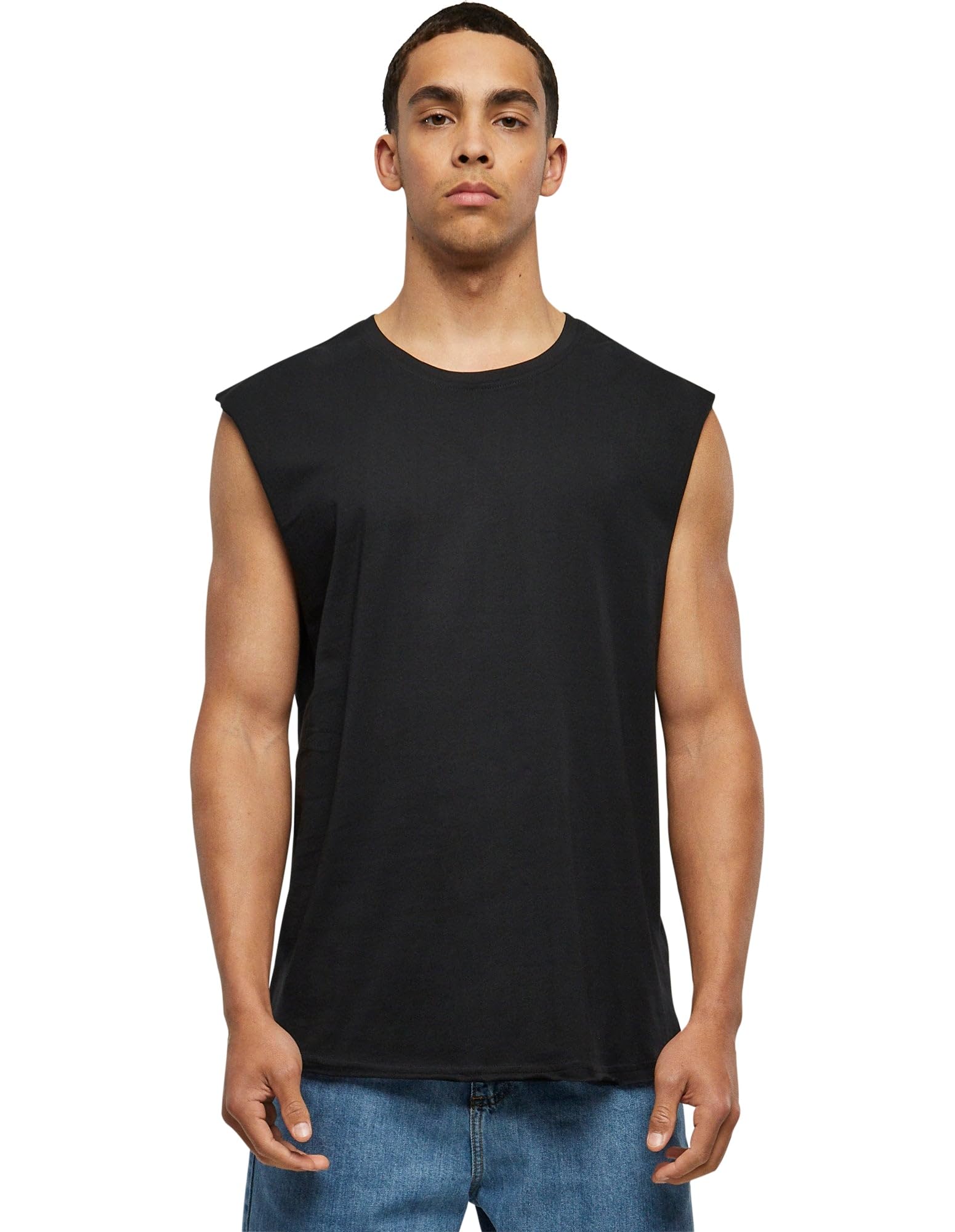 Men's Sleeveless T-Shirt Workout Vest with Round Neckline and Rolled Hems, Loose Tank Top, 100% Jersey Cotton, Black, Size: Small