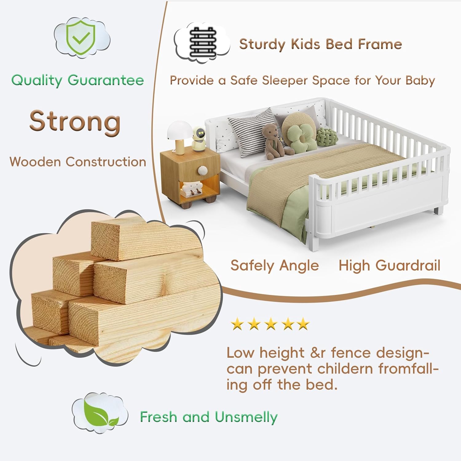 Twin Size Kids Bed Frame with Rails for Girls Boys, Low Profile Platform Bed with Headboard and Footboard, Kids Sleep Transition Bed Frame, Detachable Fence, Noise Free, White