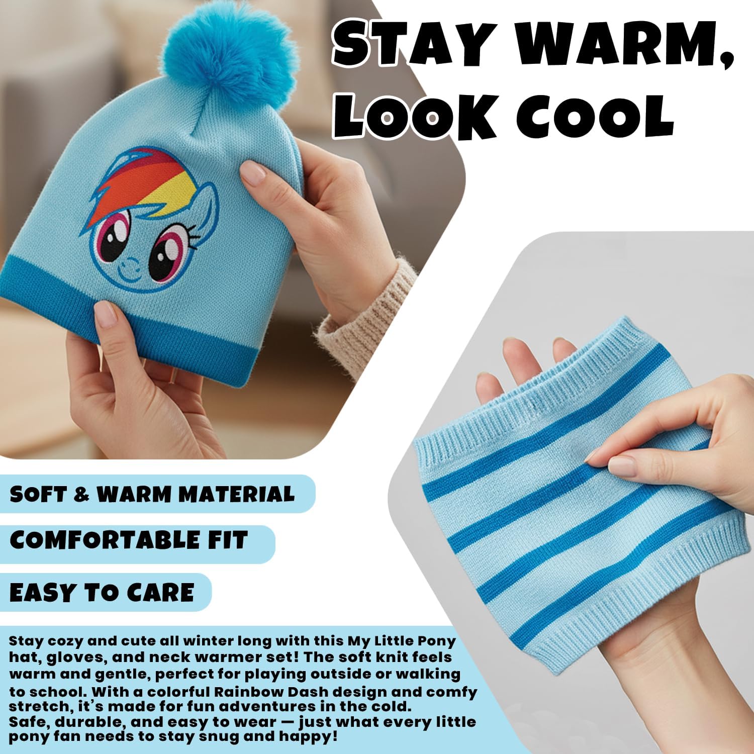 Hasbro My Little Pony Girls Winter Hat, Gloves, and Gaiter 3 Piece Set (4-7), Size Age 4-7, Rainbow Dash