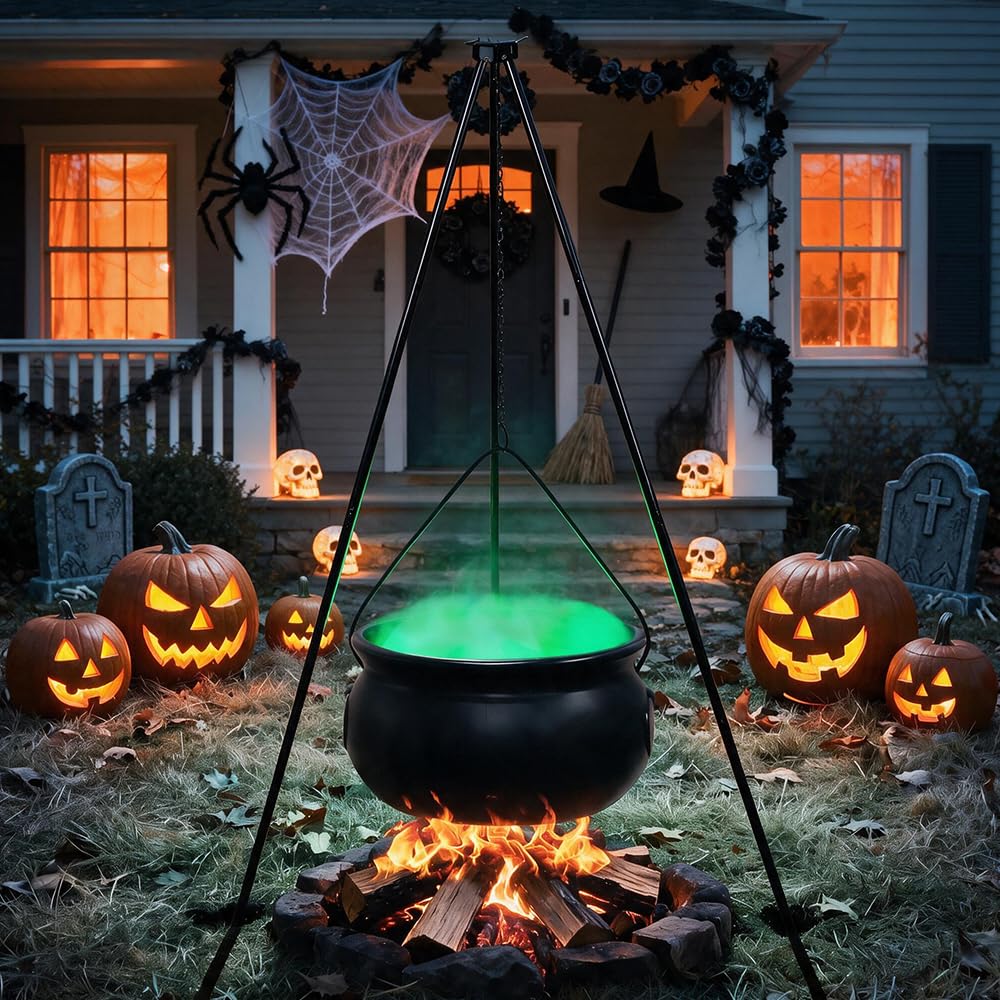 Peldris Witches Cauldron, Halloween Decor Cauldron with Tripod and Lights, Black Big Plastic Witch Pot, Outdoor Halloween Decor for Outside Yard Lawn Home Porch Door