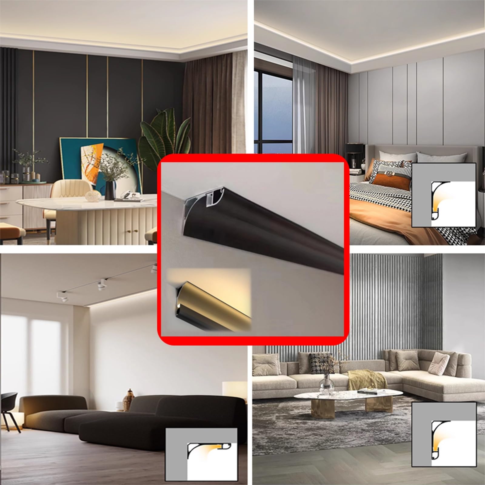LED-Aluminium-Kanäle mit indirekter Beleuchtung, Aluminiumprofile für LED-Lichtleitungen (ohne LED-Streifen) für LED-Streifen (Schwarz, 4 m/13,1 ft)