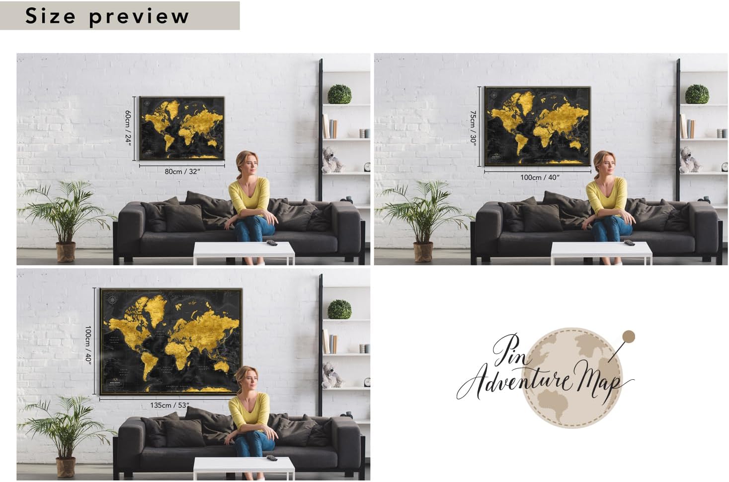 Push Pin World map with pins to mark travels - World Map pinboard - Gift for traveler & interior decor (40 x 30, Midnight Gold)
