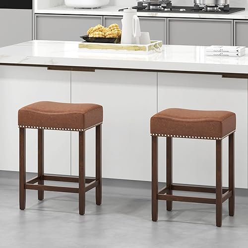 Miniatura 4 de Safeplus Juego de 2 taburetes de bar, taburete vintage de madera maciza con patas de metal, taburete de bar de 24 pulgadas de altura de mostrador