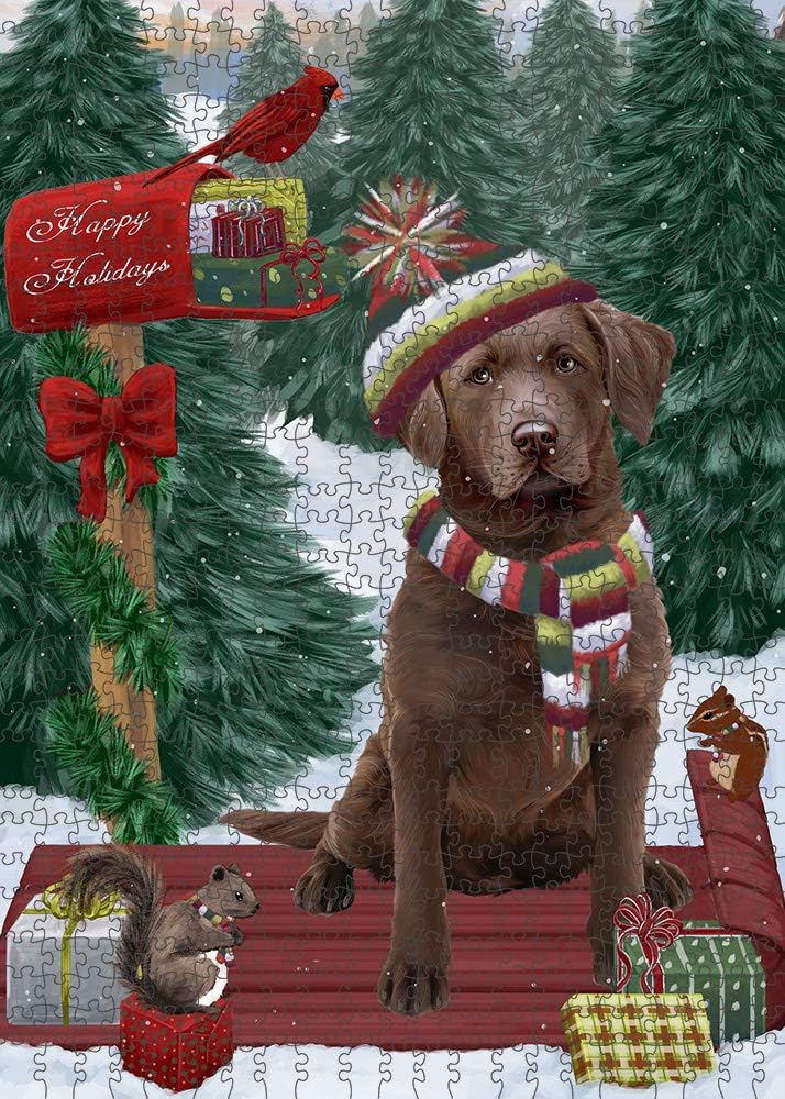 Merry Christmas Woodland Sled Chesapeake Bay Retriever Dog Jigsaw Puzzle for Adults - Animal Printed Interlocking Puzzle Game Gift for Dog Lover's - 1000 Pcs 29.5"x19.7", PZLE60569