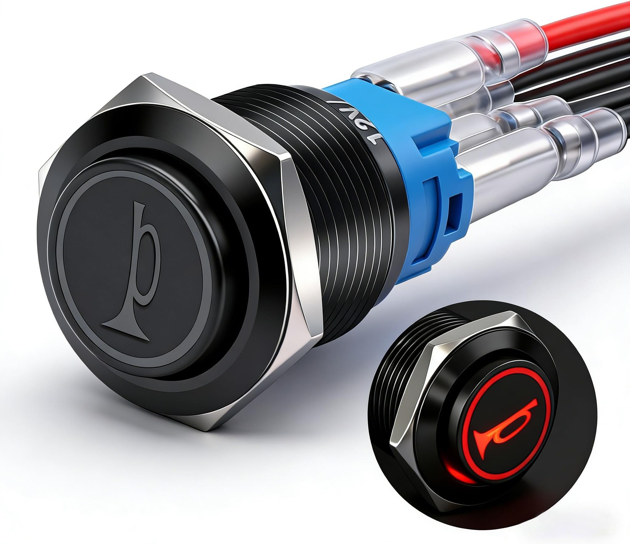 Twidec/16MM Raised Speaker Horn Momentary Push Button Switch 5/8" Mounting Hole 12V Red Led Light Black Stainless Steel Shell 1NO 1NC SPDT with Pre-wiring Wires Switch For Car Modification BKG16LB-R