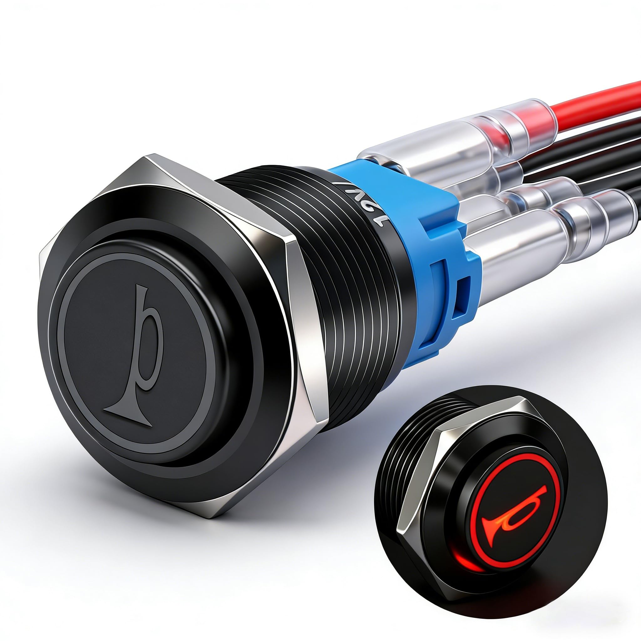 Twidec/19MM Raised Speaker Horn Momentary Push Button Switch 3/4" Mounting Hole 12V Red Led Light Black Stainless Steel Shell 1NO 1NC SPDT with Pre-Wiring Wires Switch for Car Modification BKG19LB-R-image-1