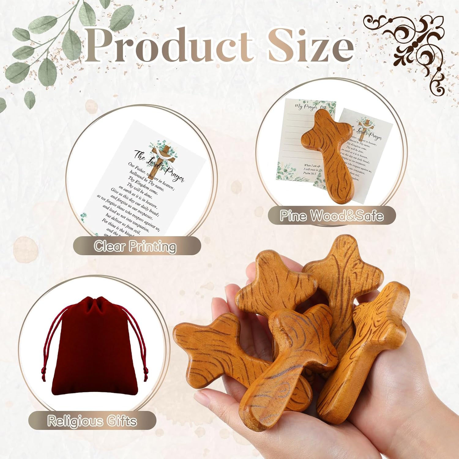 Kigley 24 Sets 4.1 Inches Wood Holding Crosses Bulk Easter Appreciation Gifts 24 Small Pocket Hand Crosses 24 Prayer Cards 24 Velour Gift Pouch for Christian Church (Eucalyptus Leaves Style)