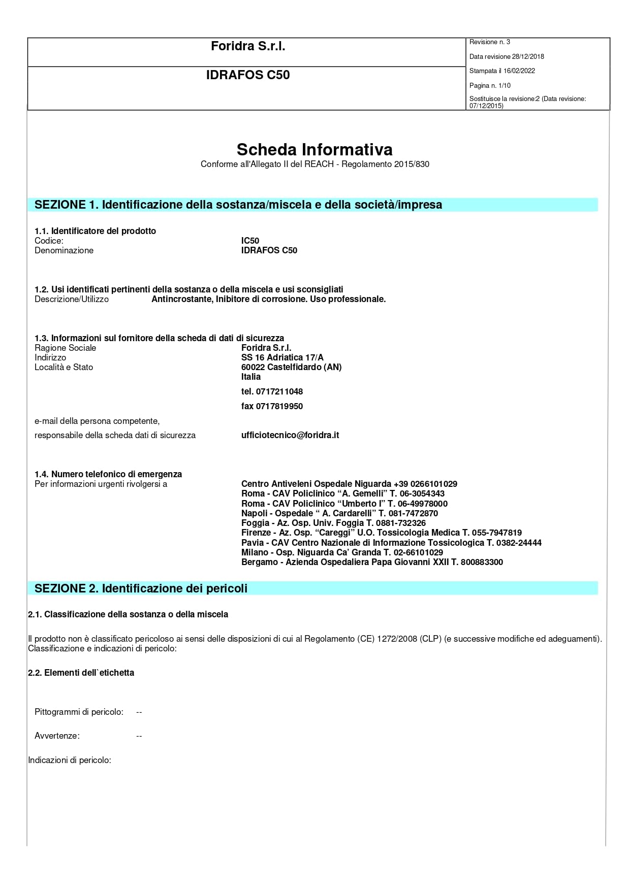 Polifosfato Liquido Foridra Idrafos C50 per Acqua Potabile e Sanitaria Fino a 50°C