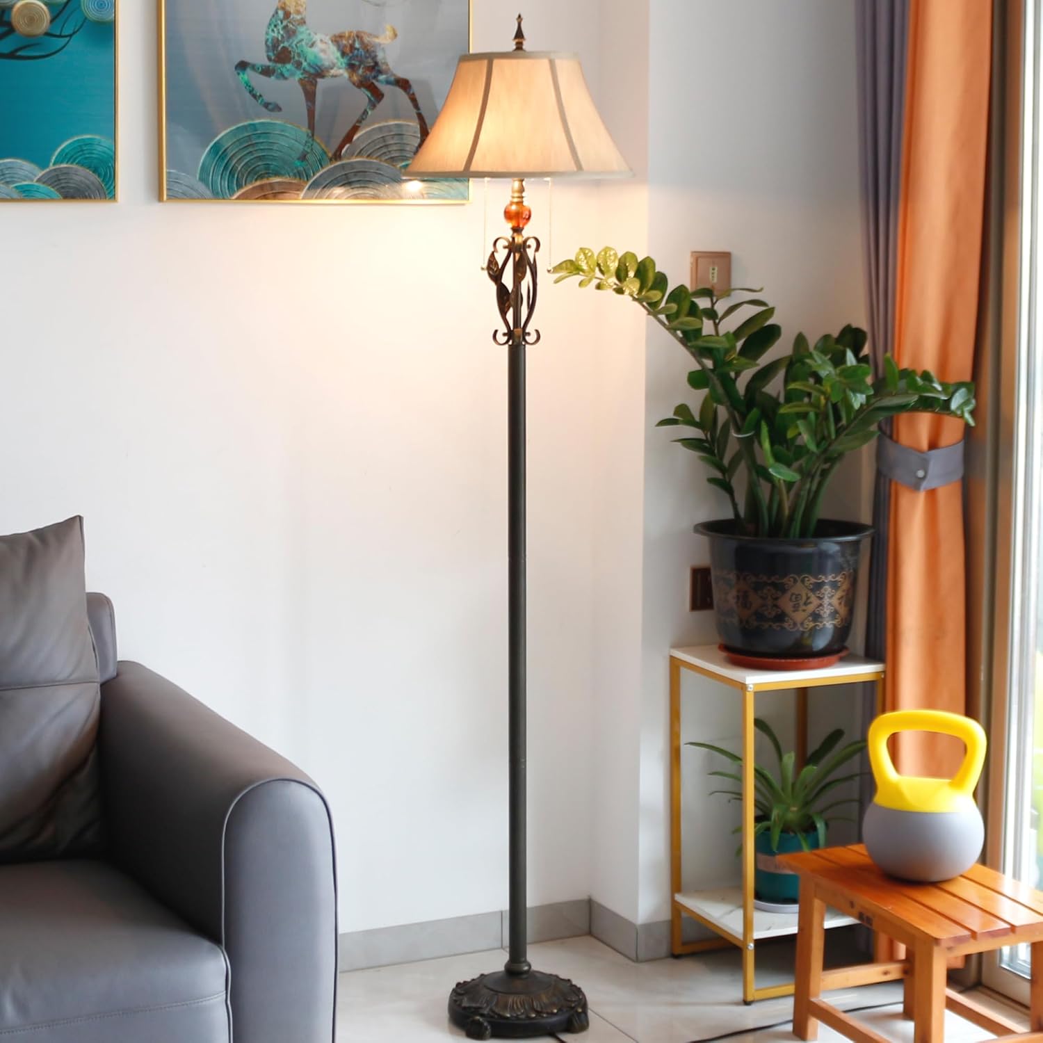 Farmhouse Mid-Century Yellow Fabric Floor Lamp with Metal Leaf Resin Base 70 Inch Height Decor for Office Bedroom Living Room