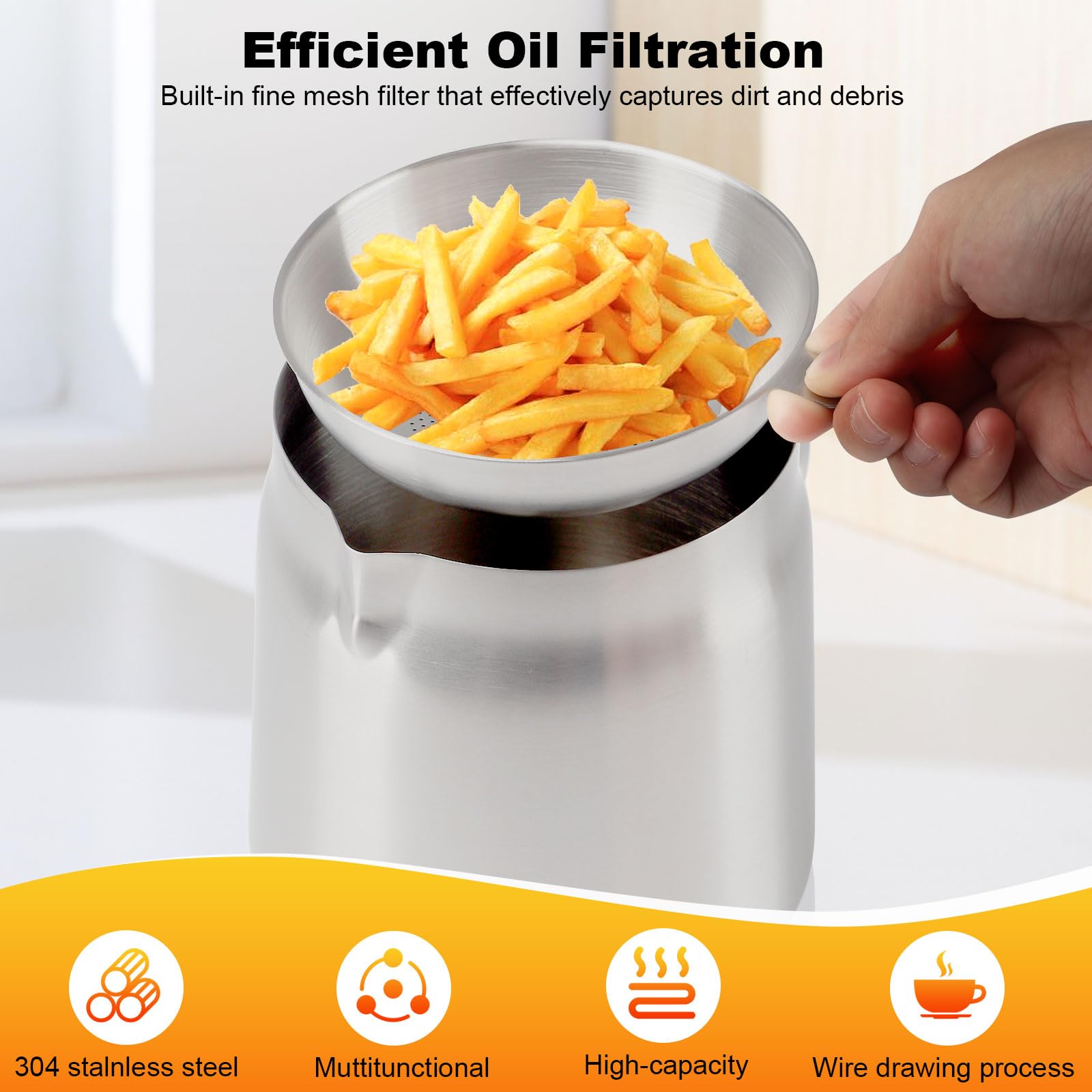 Pot De Filtre à Huile, 2L récipient d’huile en acier inoxydable stockage de graisse en pot avec couvercle Friteuse RéCipient Graisse Passoire Et Filtre à Mailles Fines Filtre à Huile Domestique