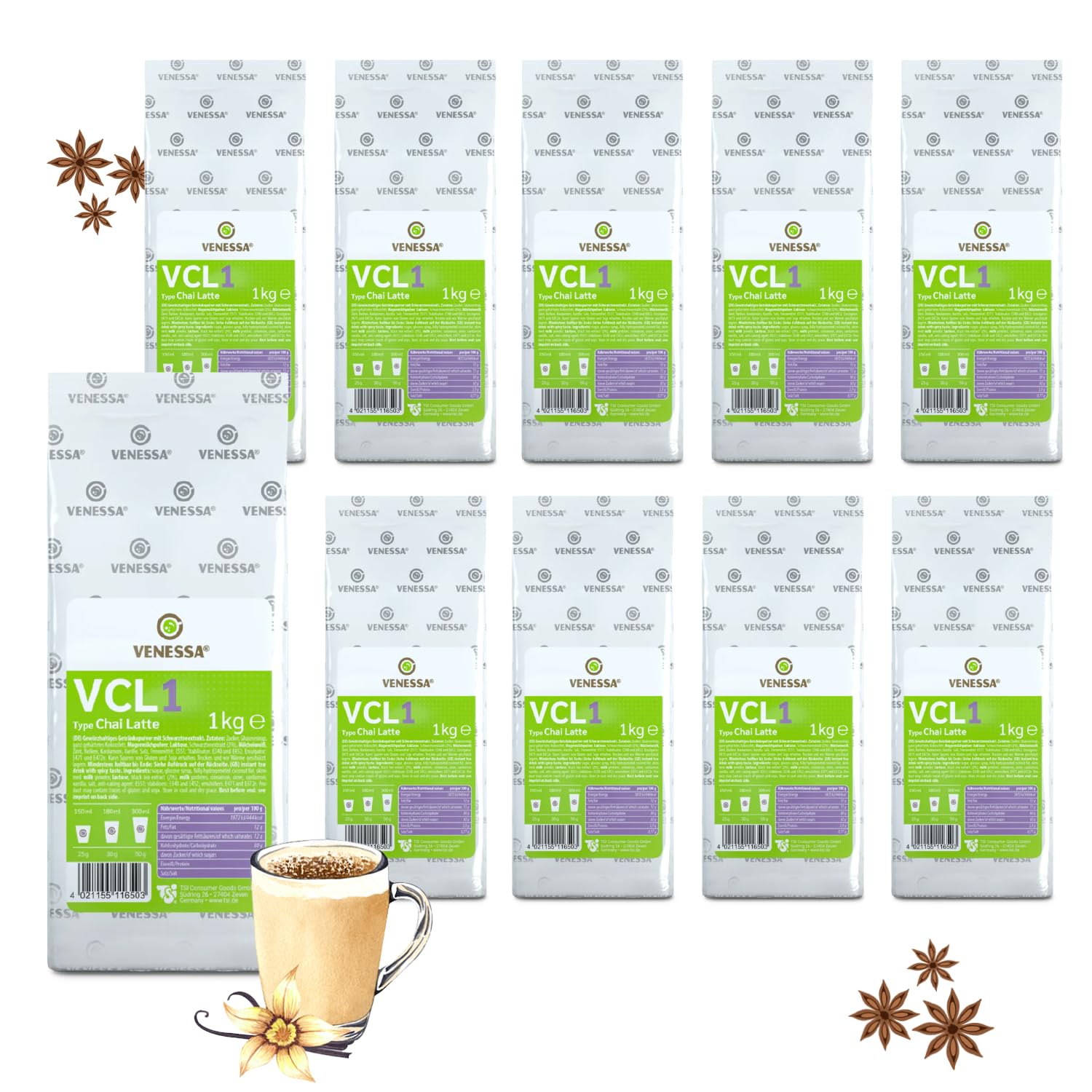 VENESSA VCL1 Chai Latte 10 x 1 kg di tè istantaneo al latte in polvere per la preparazione di bevande al tè al latte – confezione risparmio – adatto per macchine automatiche – confezione risparmio
