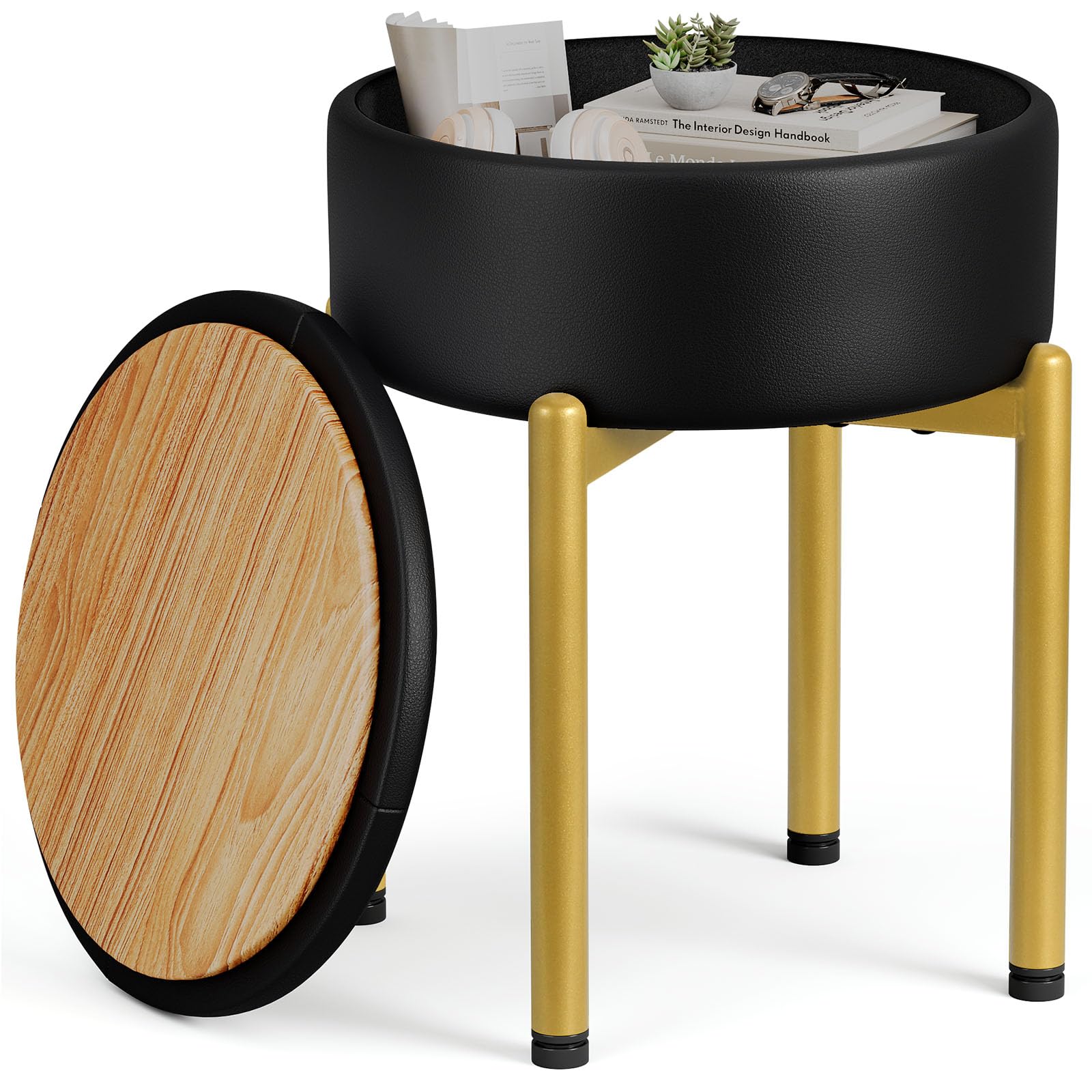 Memobarco 18-Inch Leather Vanity Stool Chair with Storage, Vanity Bench with 4 Golden Metal Legs & Anti-Slip Adjustable Feet,Round Storage Ottoman