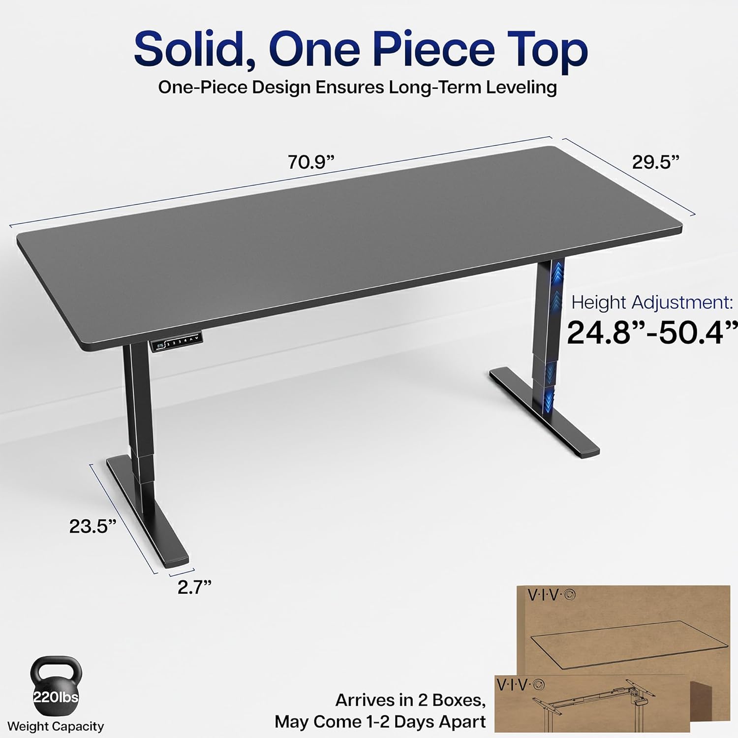 VIVO Electric 71 x 30 in Standing Desk, Touch Screen Adjustment, 220 lb Frame Support, 2E Series, Black Top Black Frame, DESK-KIT-2E71B