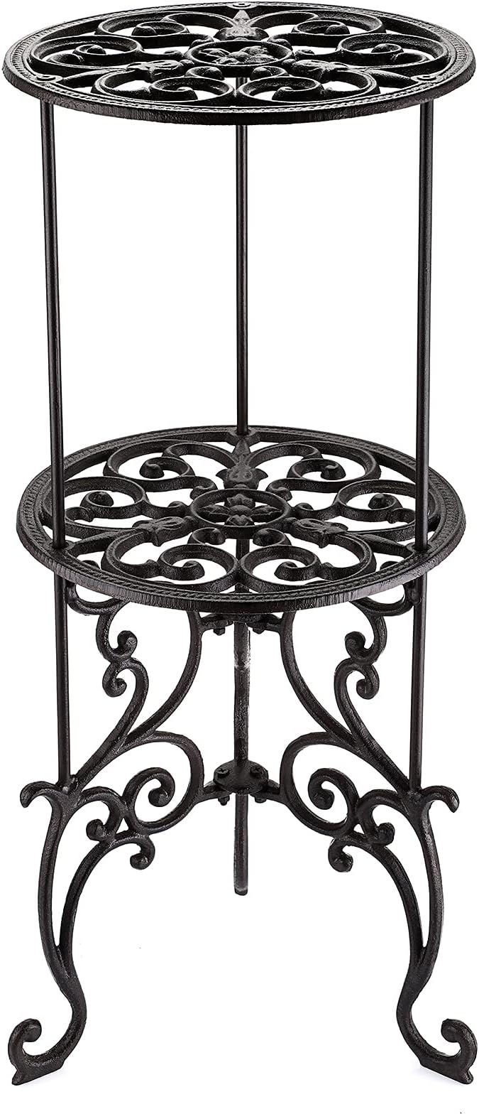 Heavy Duty 2 Tiers Cast Iron Plant Stand, Vintage Iron Flower Pot Holder, 2 Layers Tall Decorative Potted Plants Stand Rack, Indoor Outdoor Large Plant Holder for Garden Patio, Retro-Brown