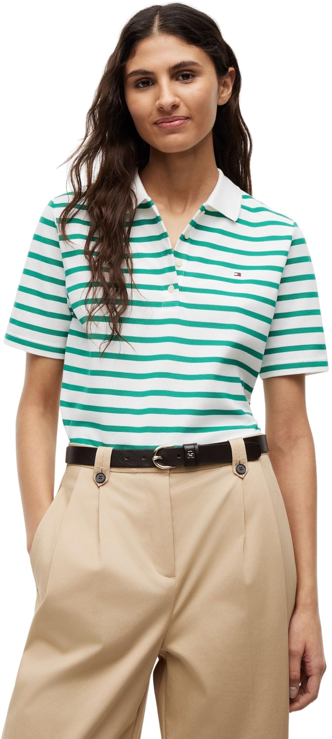 Tommy Hilfiger Damen Poloshirt Kurzarm 1985 Pique Regular Fit, Mehrfarbig (Breton Ecru/Courtside Green STP), XXS