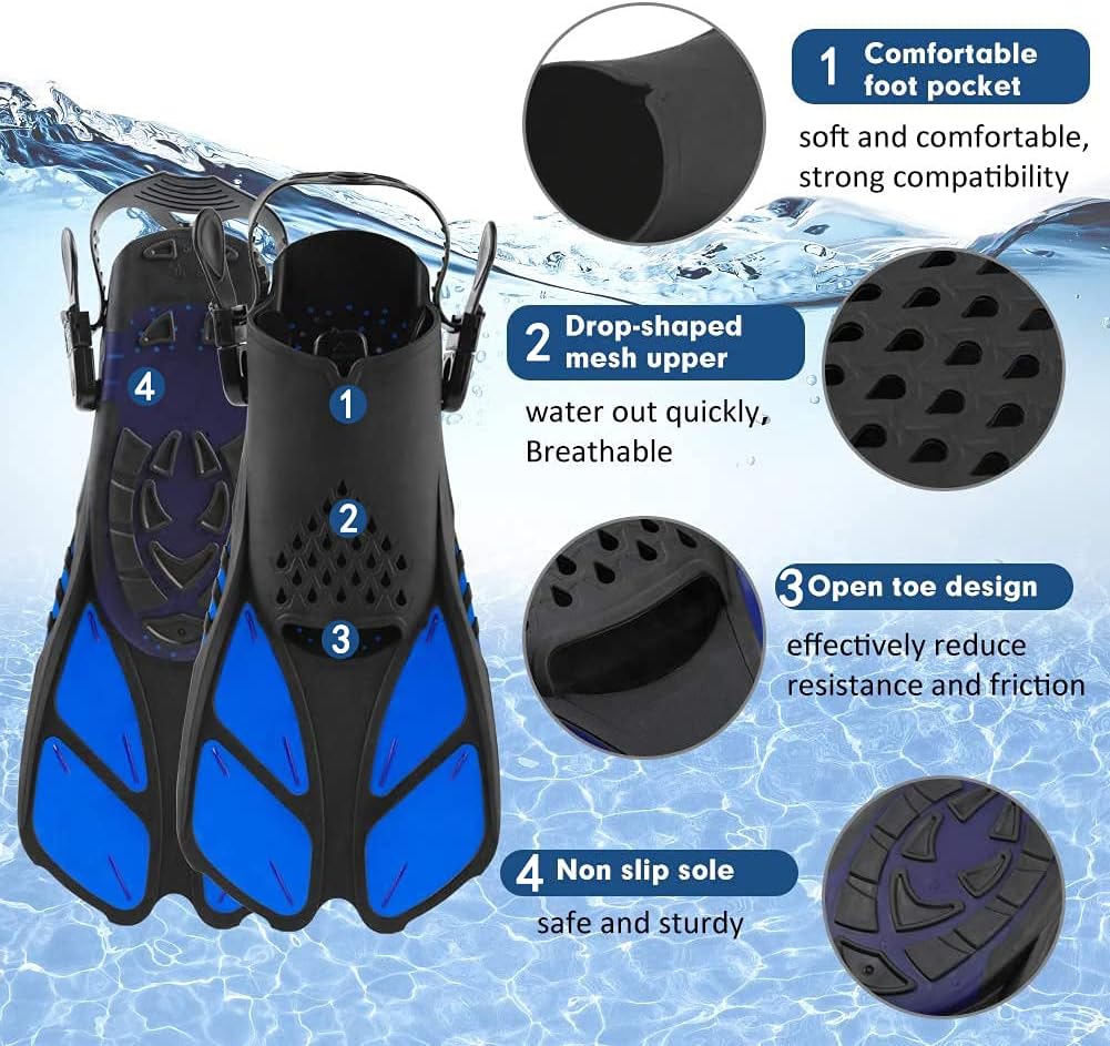 Sugaroom Swim Fins Open Heel, Adjustable Snorkel Fins Diving Fins with Mesh Bag, Snorkeling Gear Flippers Travel Size Short Flippers for Lap Swimming Scuba Dive Adult Men Women Kids
